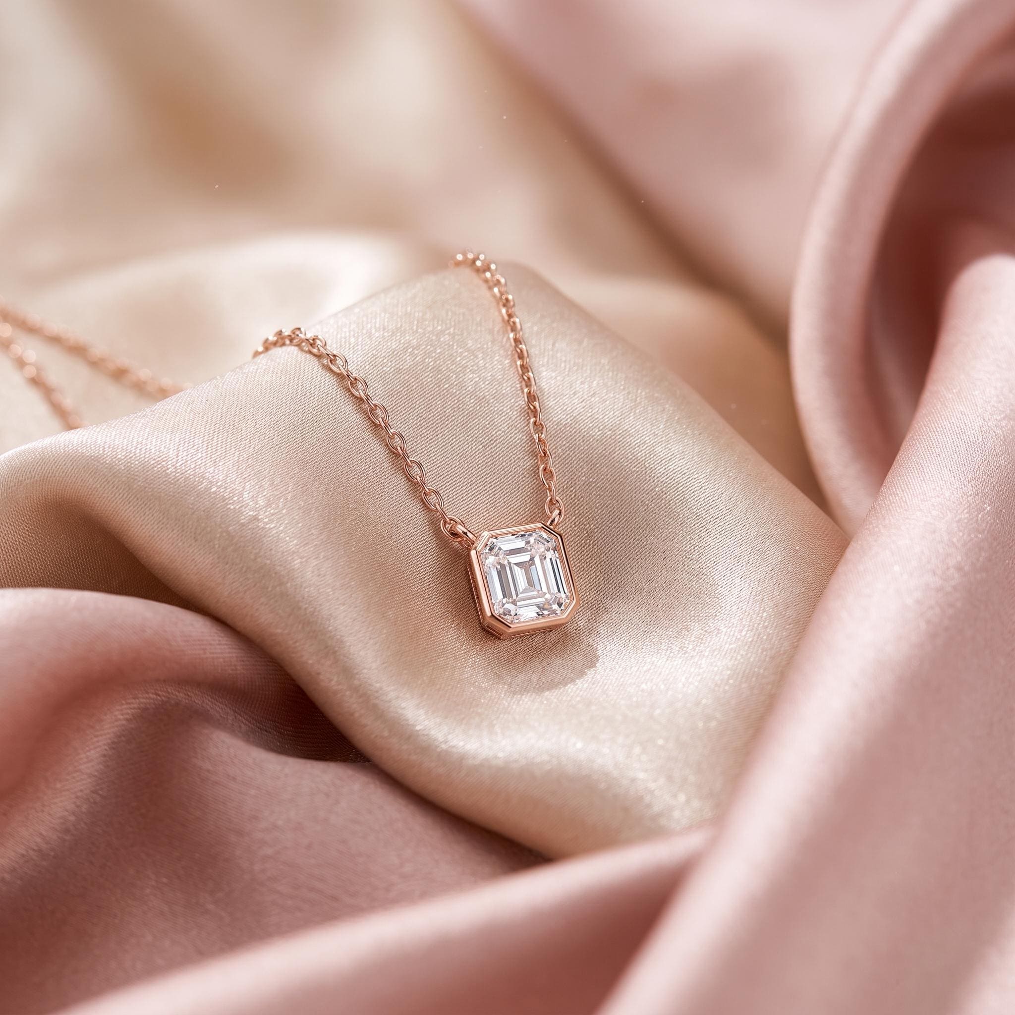 Emerald Cut Moissanite Pendant Necklace, 925 Sterling Silver Chain, Rose Gold Finish