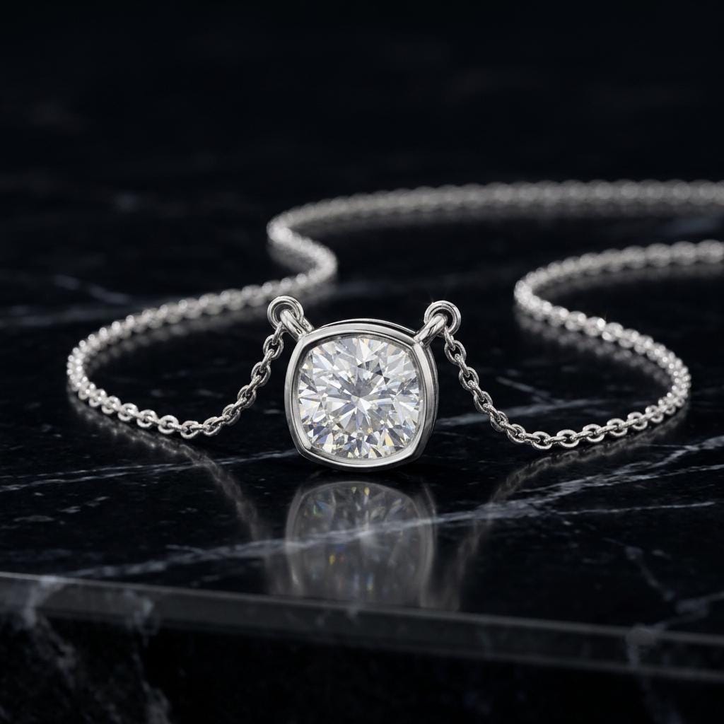 Sterling Silver Moissanite Pendant Necklace, Cushion Cut Solitaire, Rose Gold Finish
