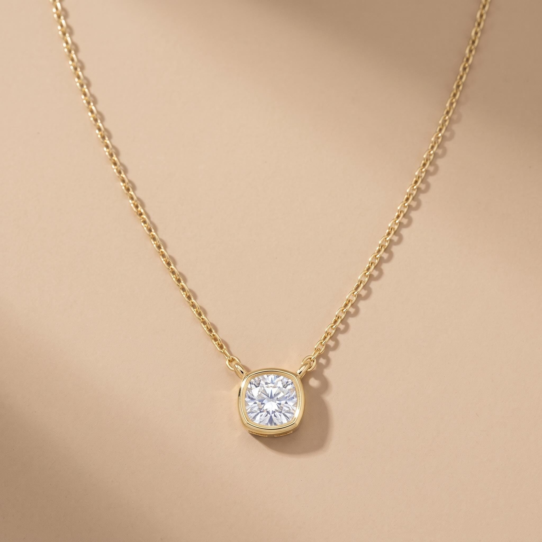 Sterling Silver Moissanite Pendant Necklace, Cushion Cut Solitaire, Rose Gold Finish