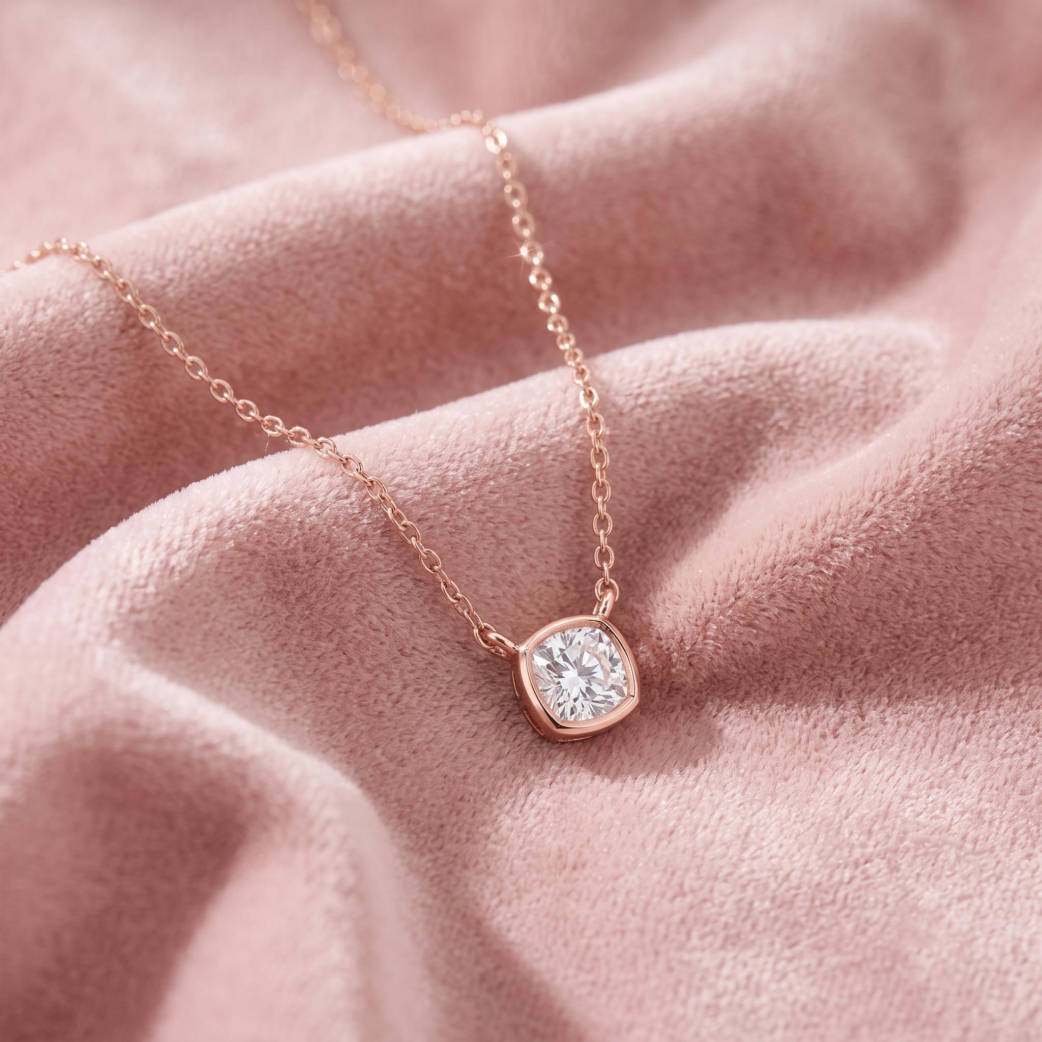 Sterling Silver Moissanite Pendant Necklace, Cushion Cut Solitaire, Rose Gold Finish