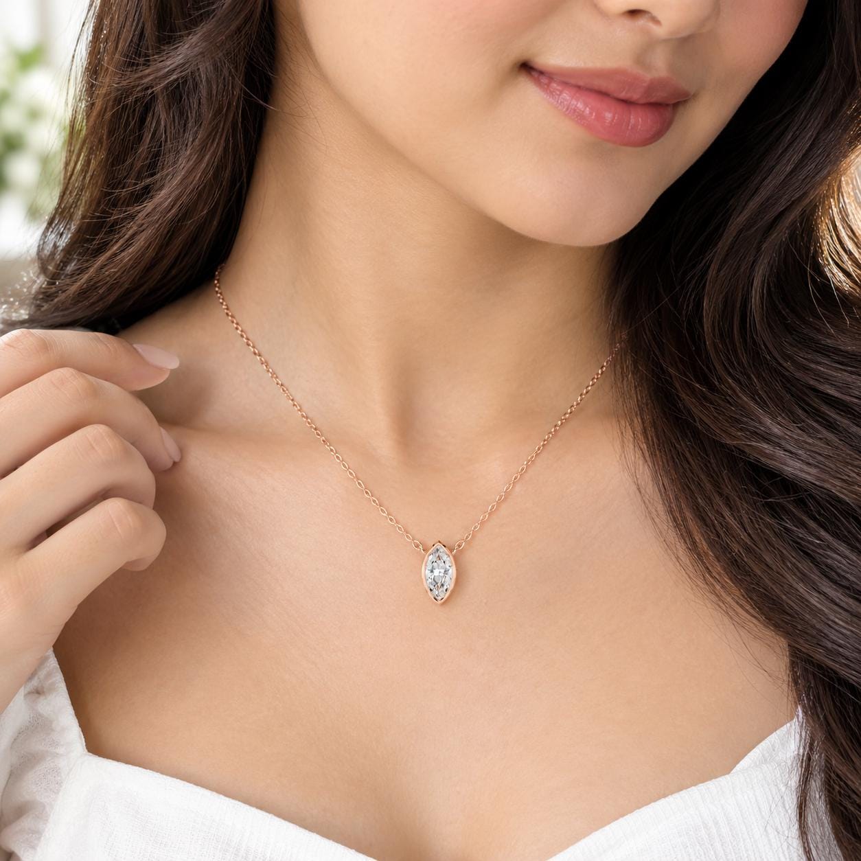 Marquise Moissanite Pendant Necklace, 925 Sterling Silver Bezel Set, Minimalist Layering Chain