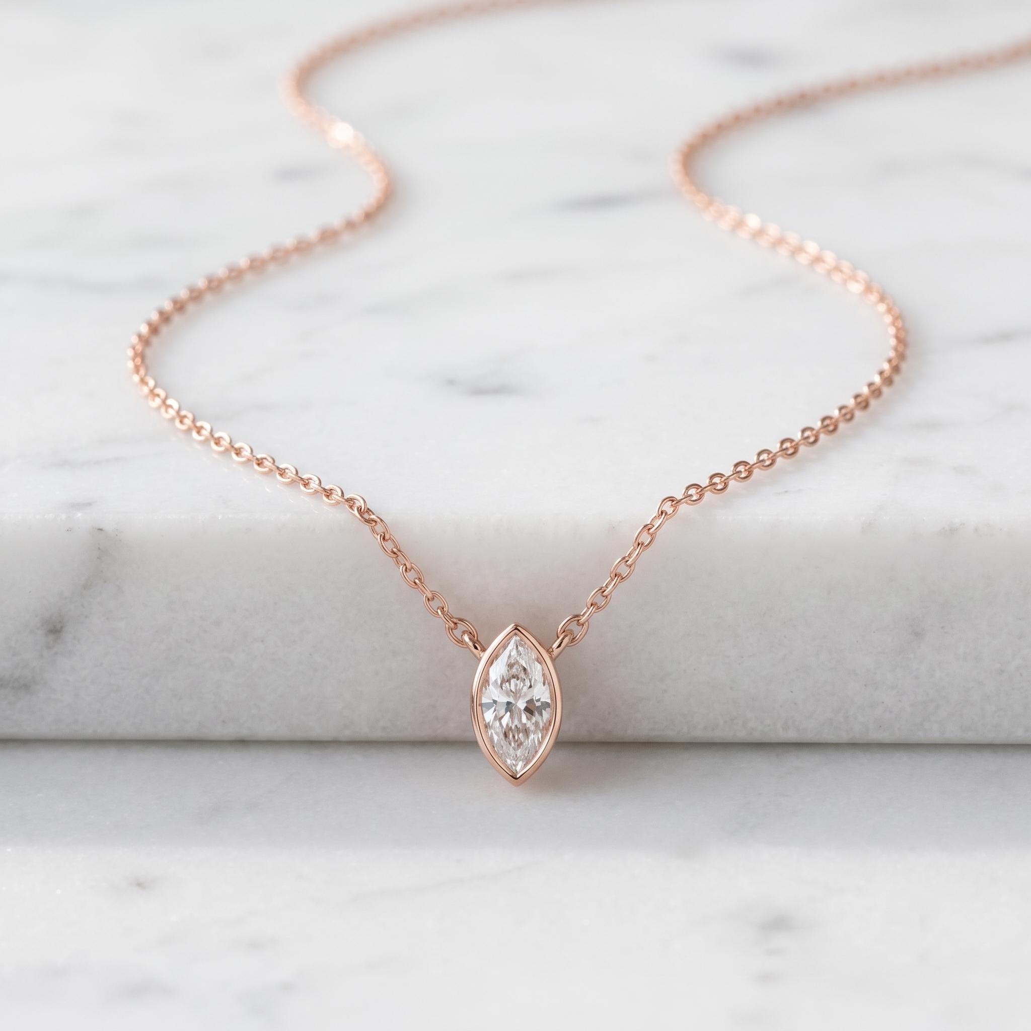 Marquise Moissanite Pendant Necklace, 925 Sterling Silver Bezel Set, Minimalist Layering Chain