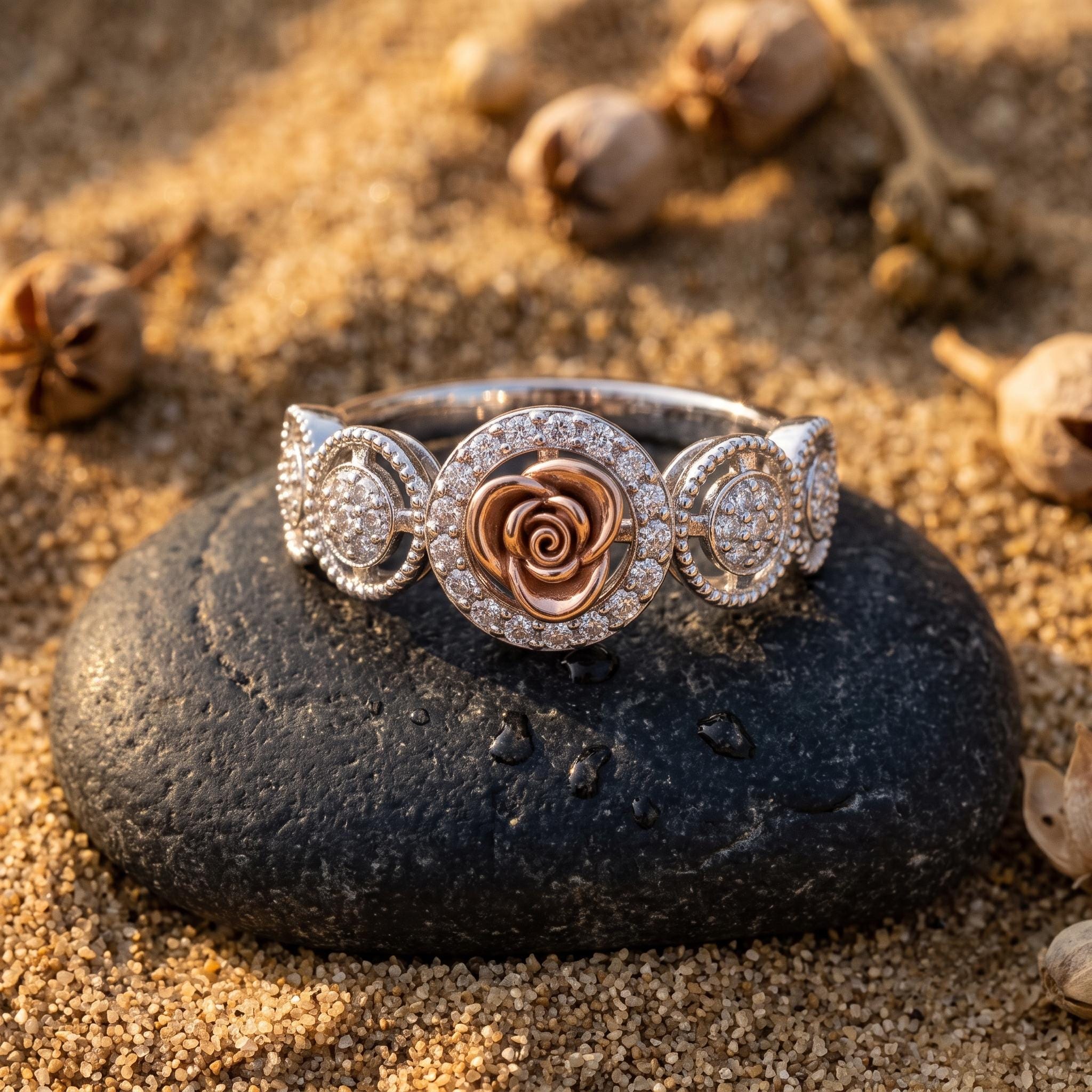Rose Gold Moissanite Floral Ring, Sterling Silver 925, Milgrain Halo Design