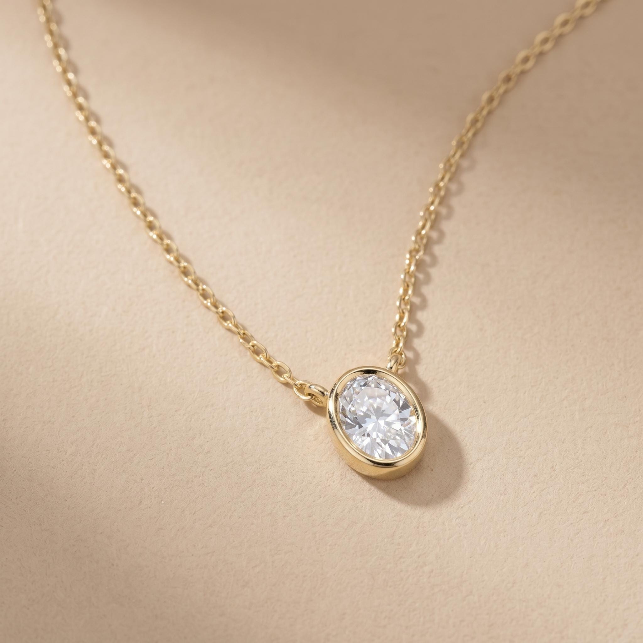 Oval Moissanite Pendant Necklace, Sterling Silver Bezel Setting, Rose Gold Choker (8mm)
