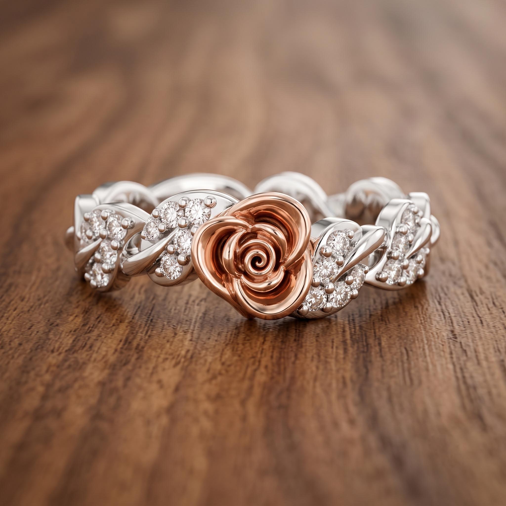 Sterling Silver Rose Moissanite Eternity Band, Two-Tone Floral Vine Ring
