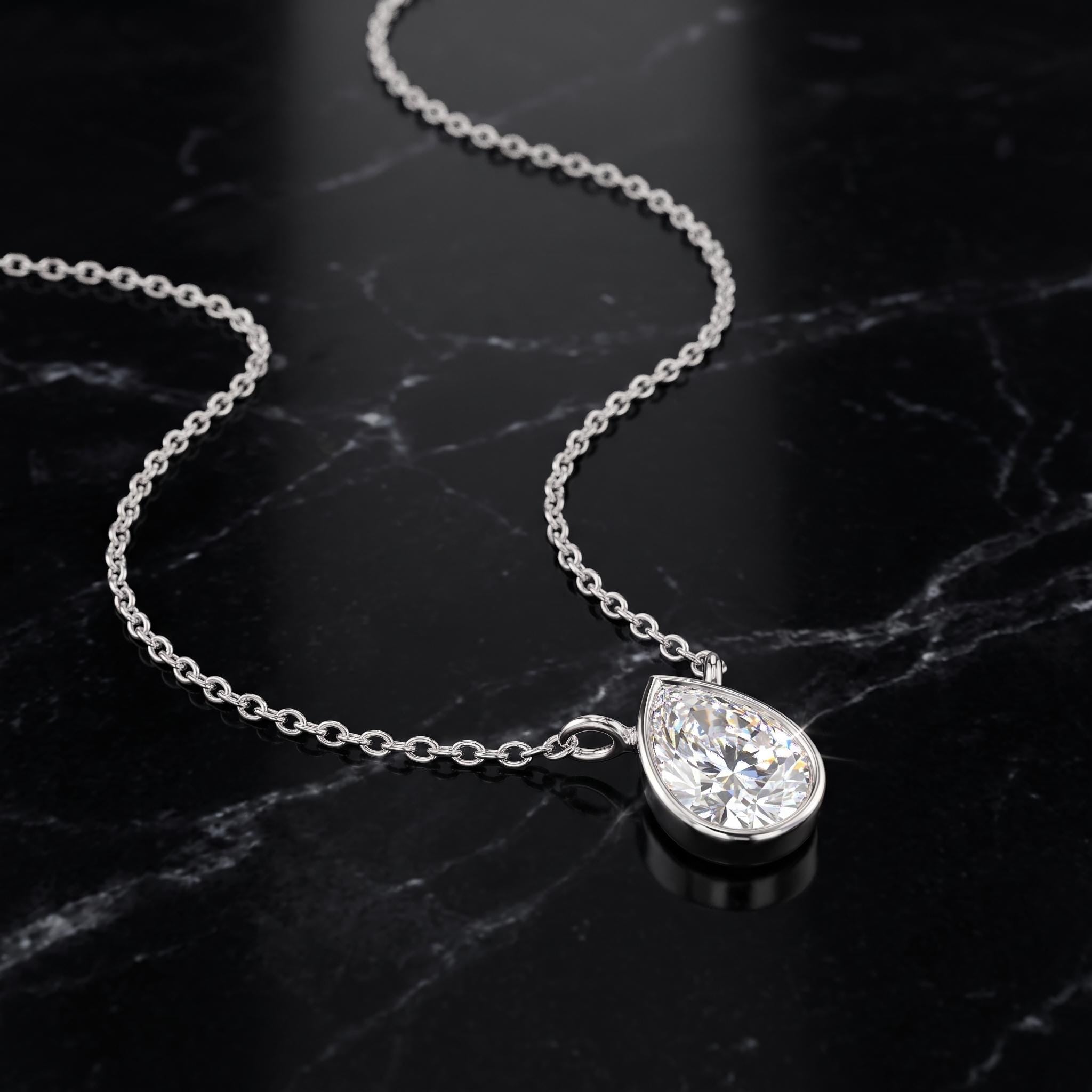 Pear Cut Moissanite Necklace, Sterling Silver Bezel Pendant, Delicate Chain