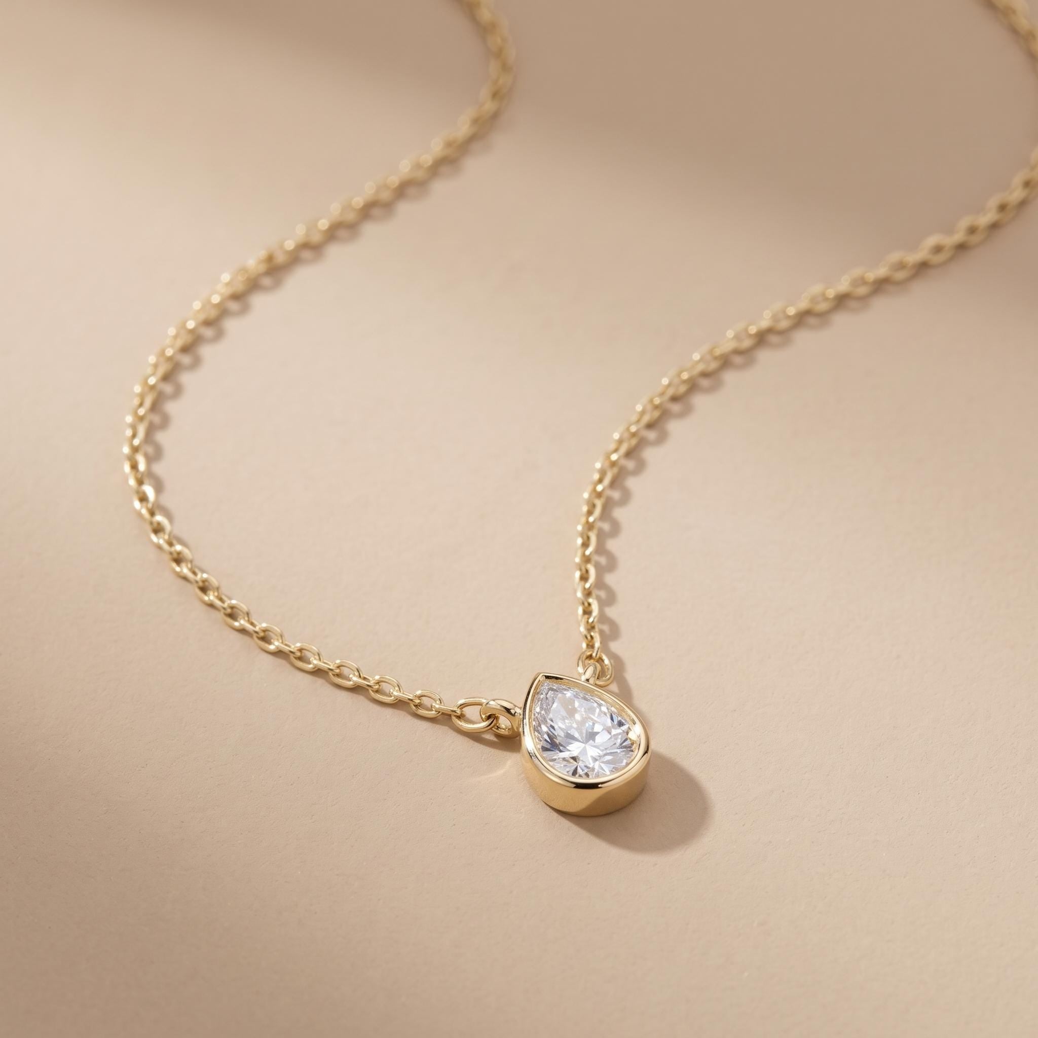 Pear Cut Moissanite Necklace, Sterling Silver Bezel Pendant, Delicate Chain