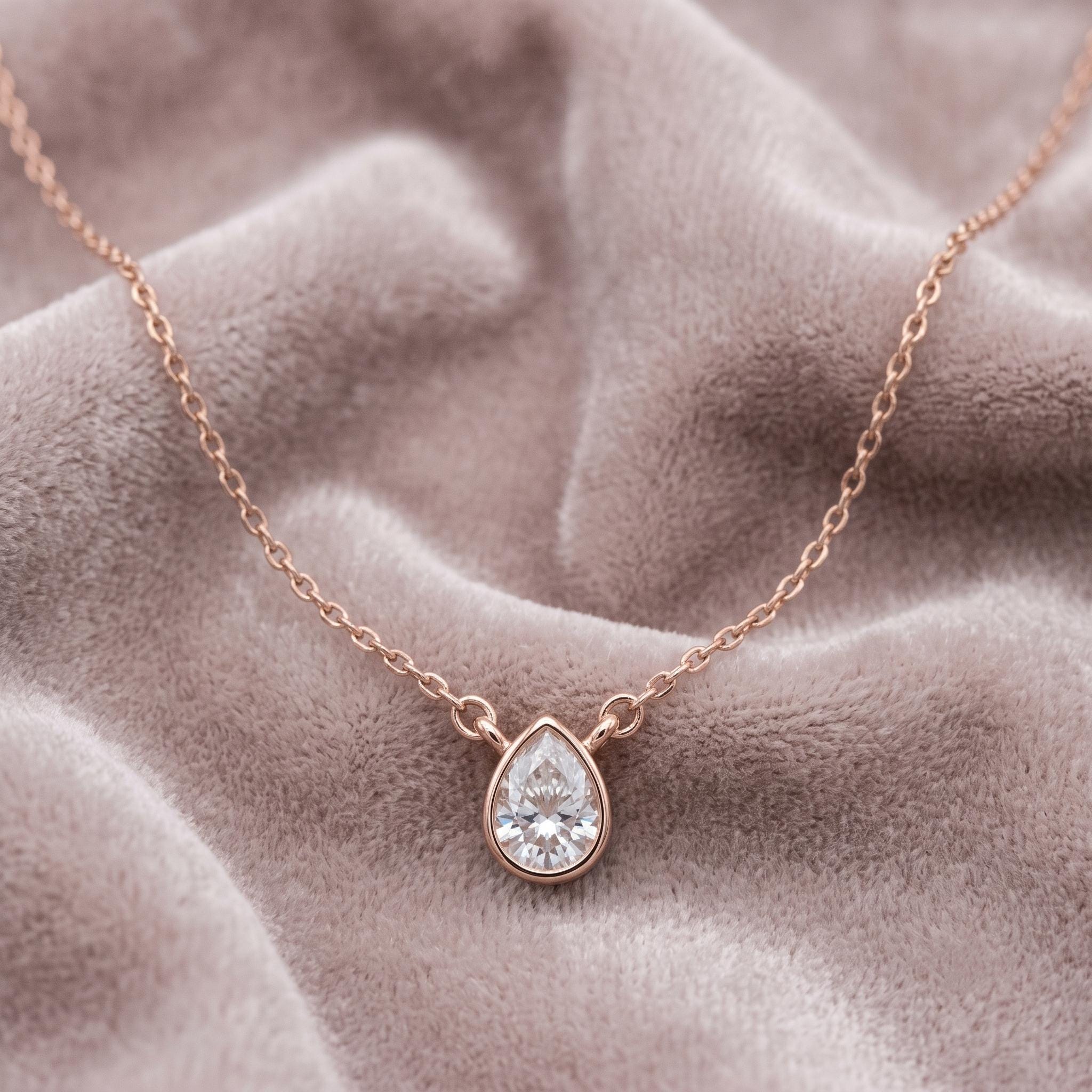 Pear Cut Moissanite Necklace, Sterling Silver Bezel Pendant, Delicate Chain