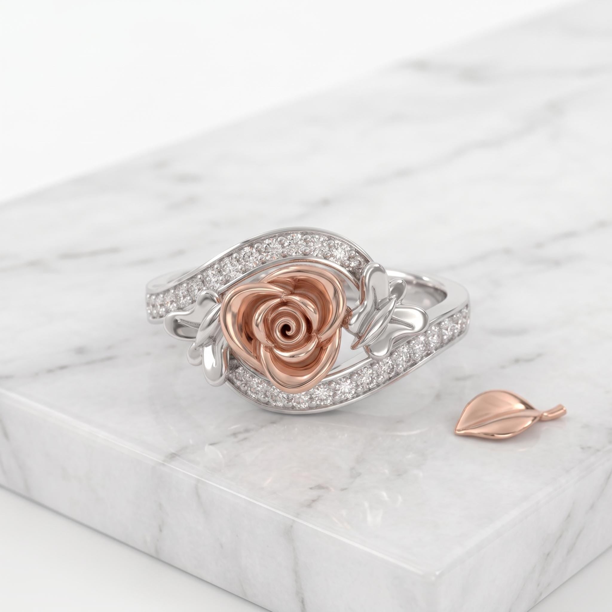 Sterling Silver Moissanite Rose Ring, Floral Butterfly Design, Pave Band (925 Silver)