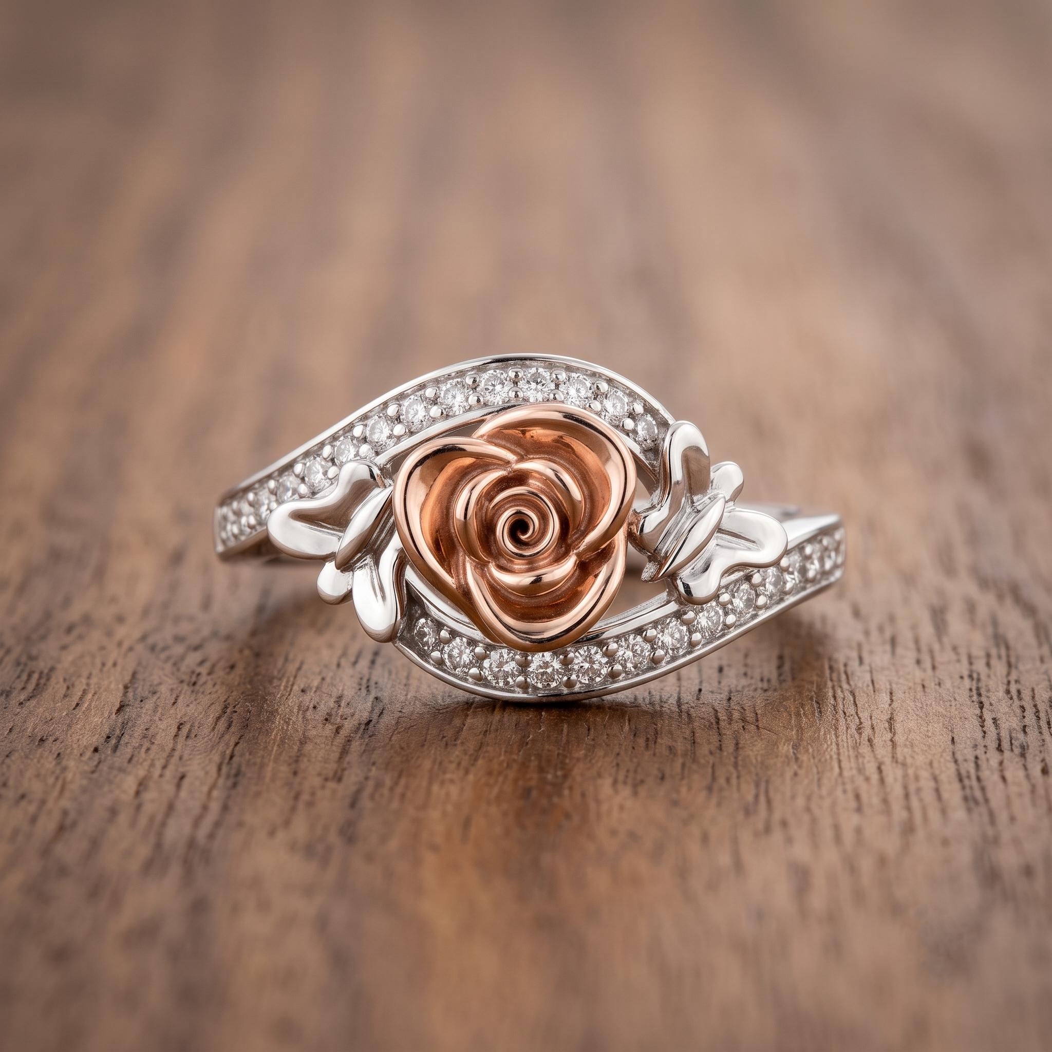 Sterling Silver Moissanite Rose Ring, Floral Butterfly Design, Pave Band (925 Silver)