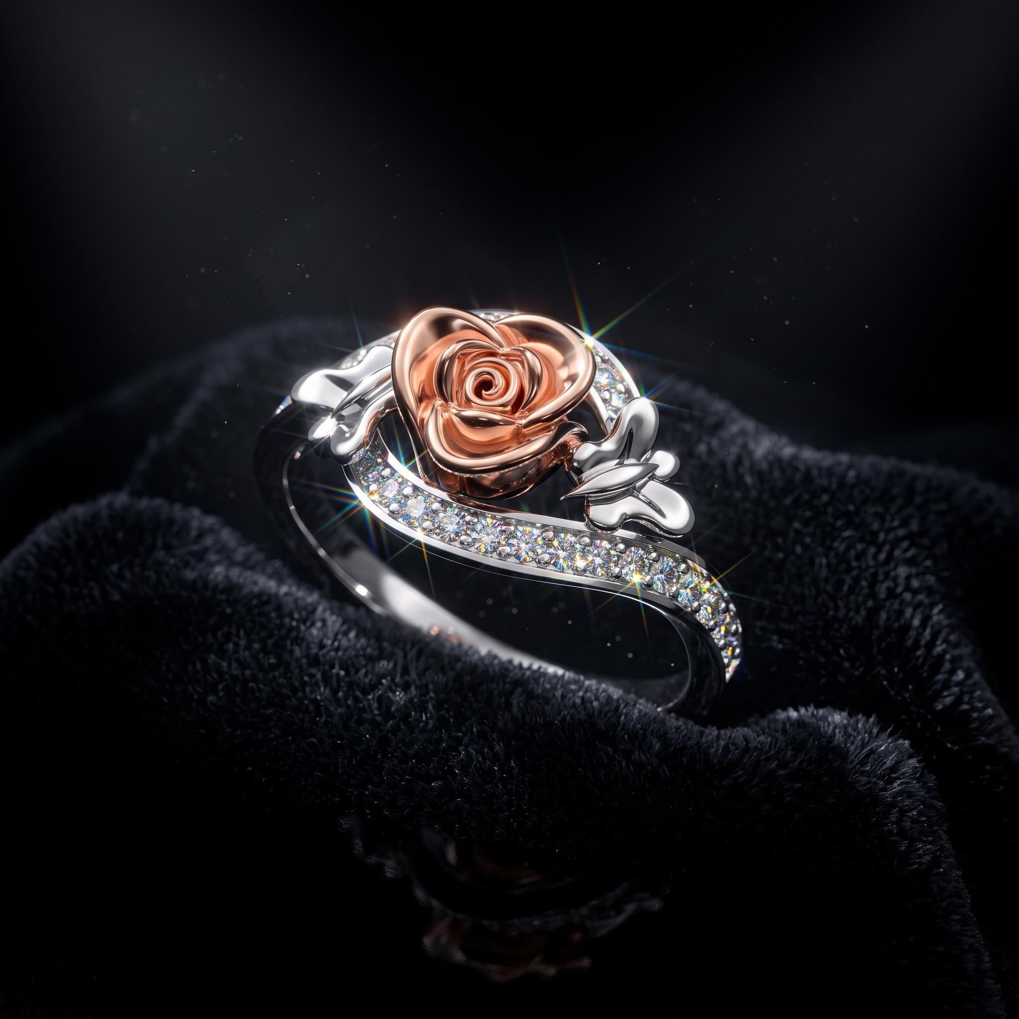 Sterling Silver Moissanite Rose Ring, Floral Butterfly Design, Pave Band (925 Silver)