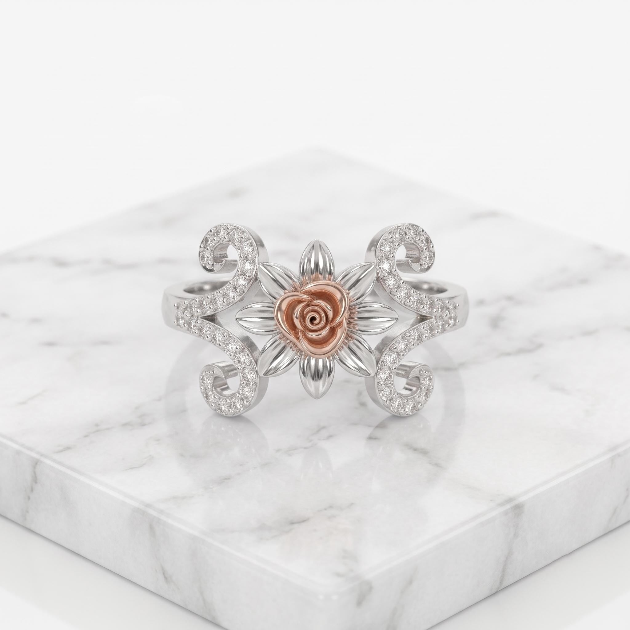 Sterling Silver Moissanite Floral Cocktail Ring, Rose Gold Detail, Art Nouveau Style