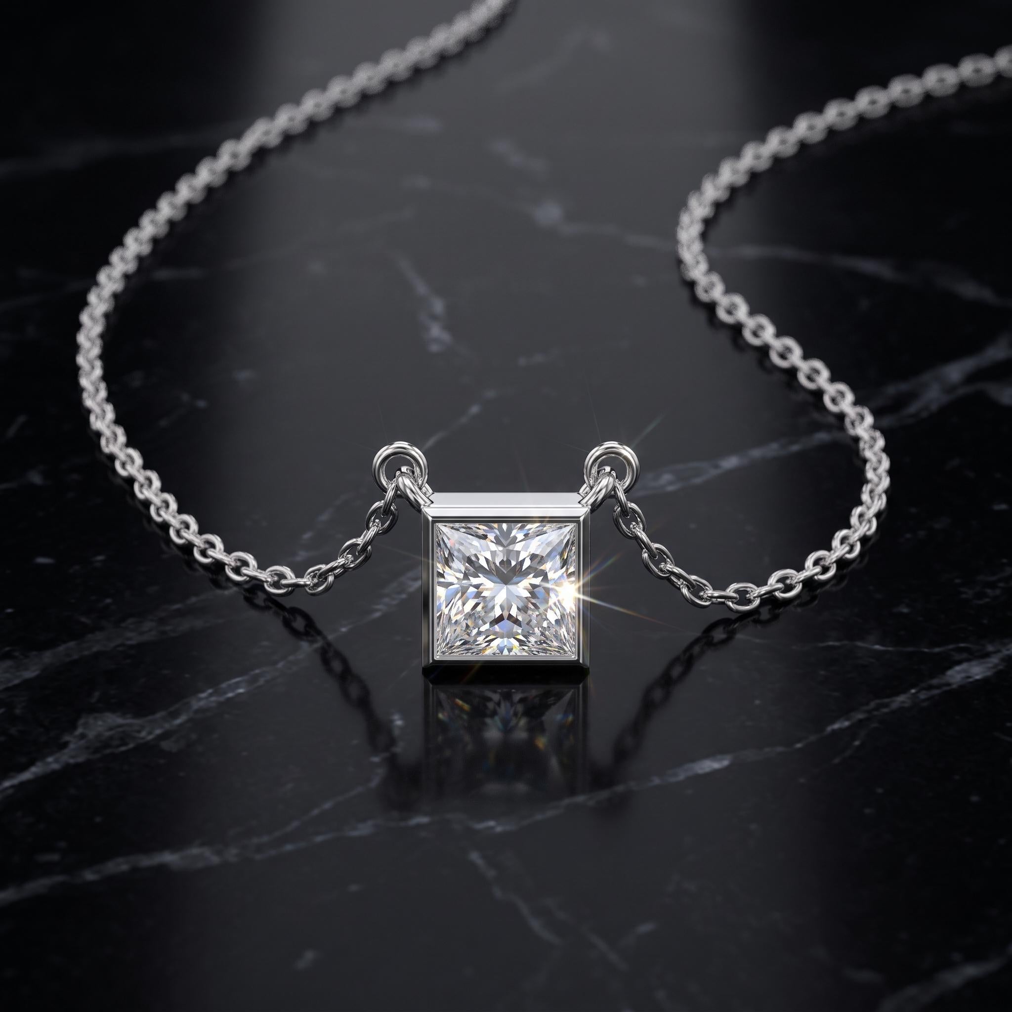 Princess Cut Moissanite Pendant Necklace, Sterling Silver Chain, Dainty Wedding Jewelry