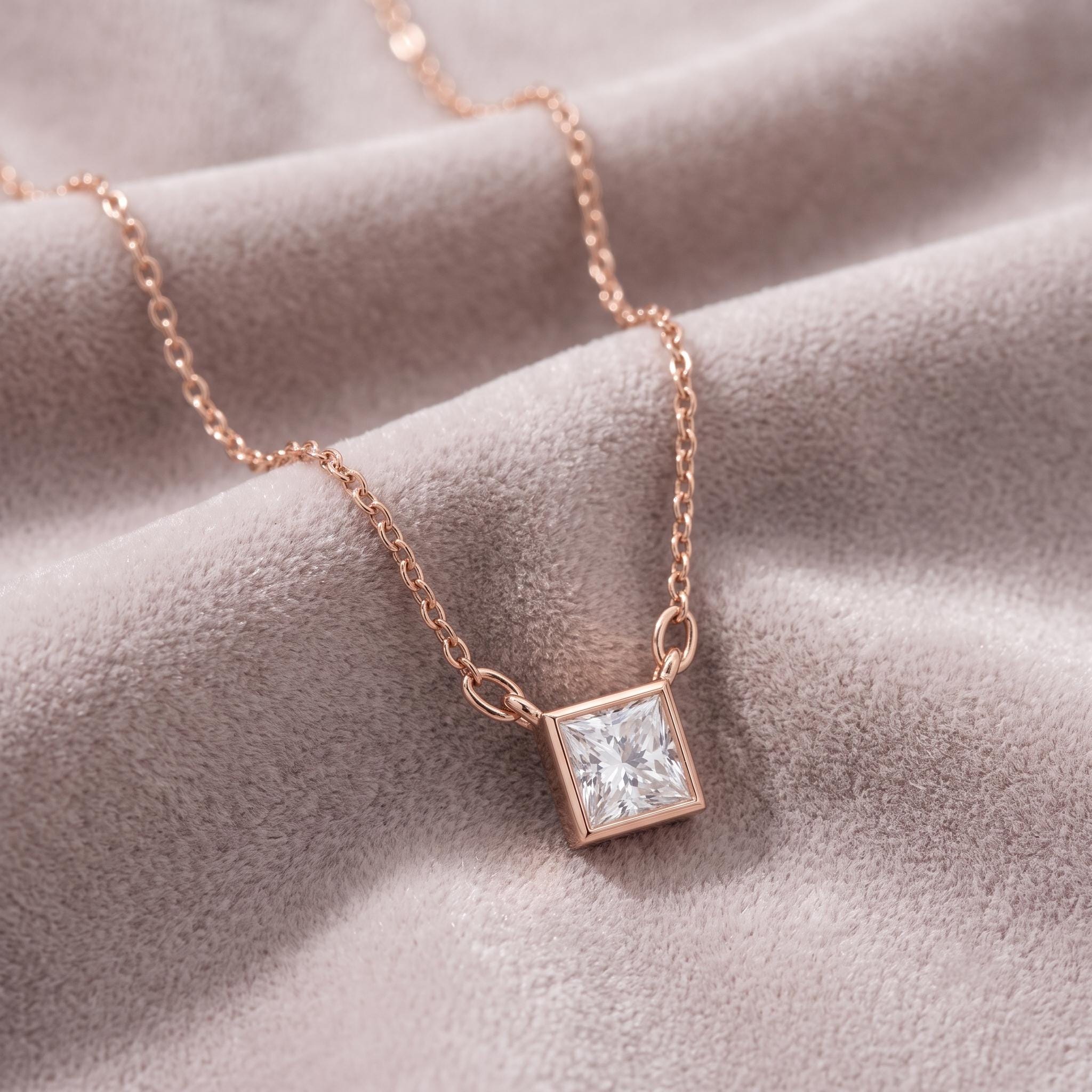 Princess Cut Moissanite Pendant Necklace, Sterling Silver Chain, Dainty Wedding Jewelry