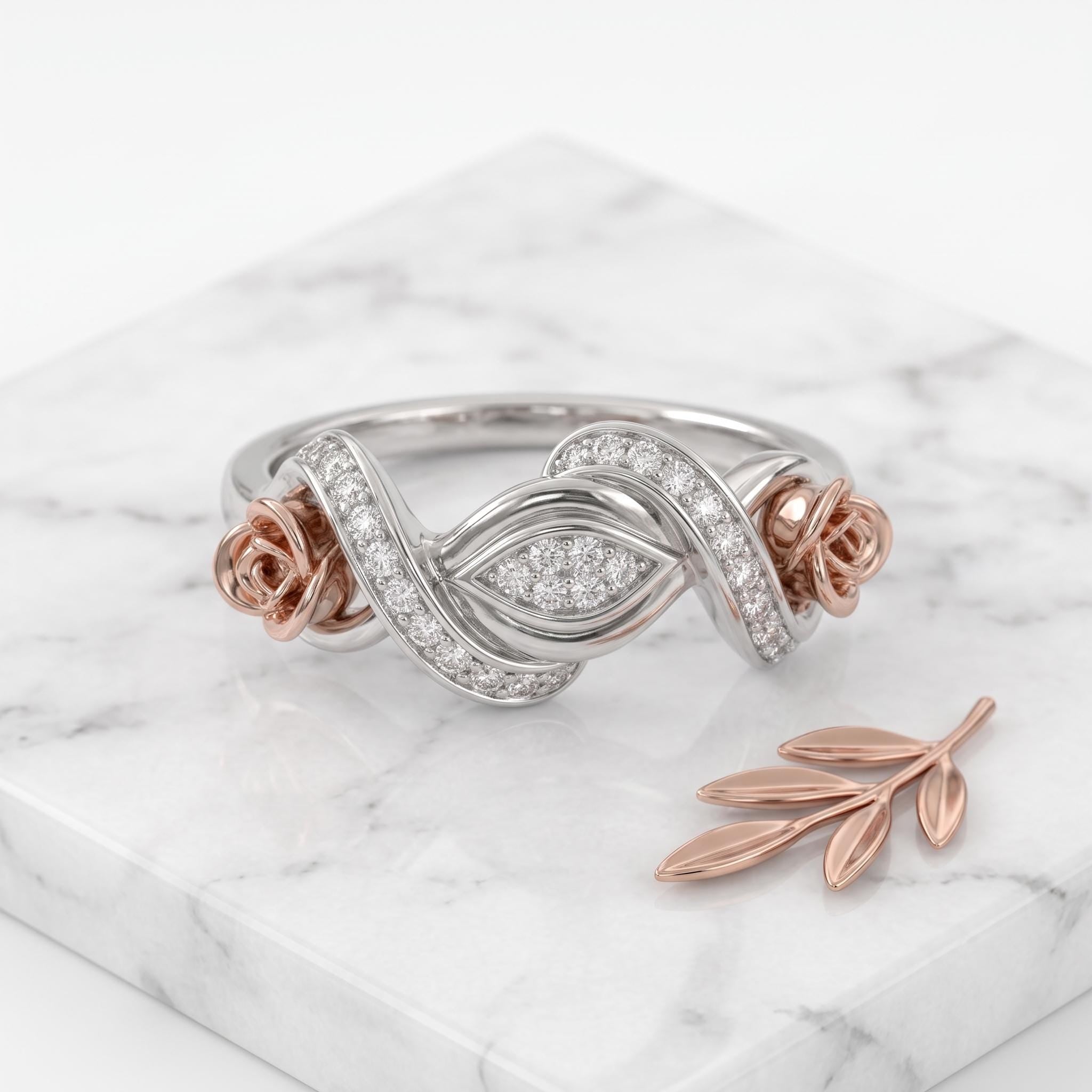 Sterling Silver Moissanite Floral Ring, Two-Tone Rose Gold Swirl Design