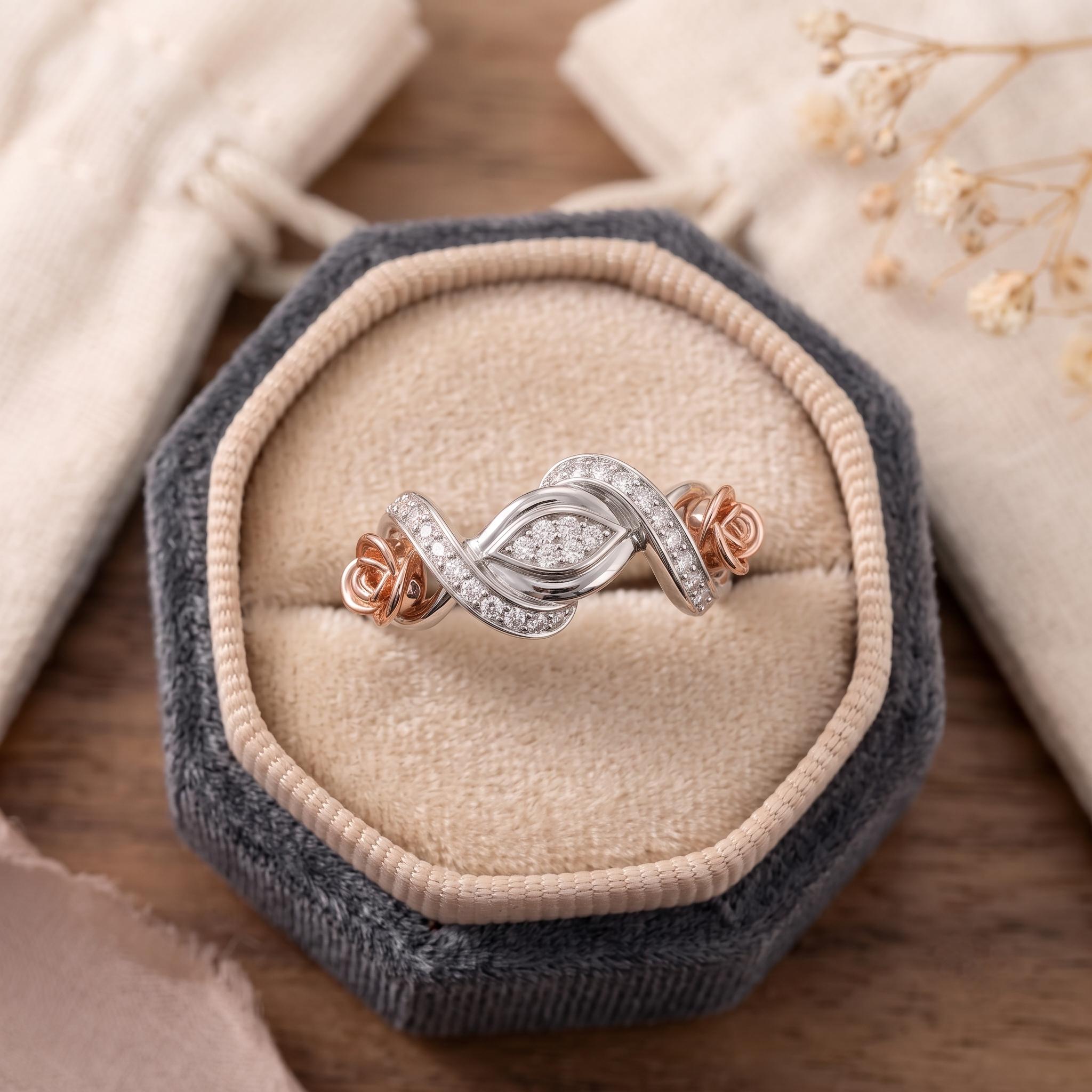 Sterling Silver Moissanite Floral Ring, Two-Tone Rose Gold Swirl Design