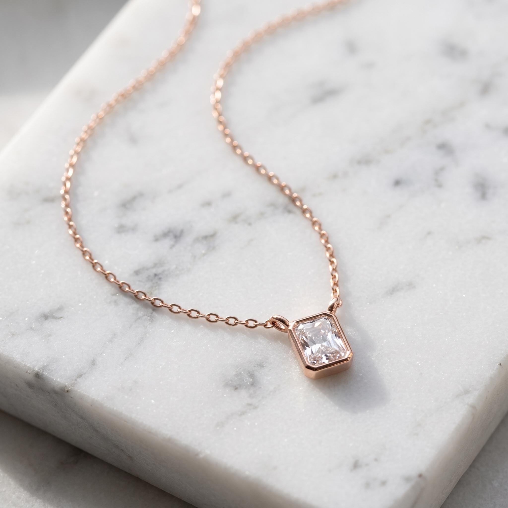Emerald Cut Moissanite Pendant Necklace, Rose Gold Vermeil Choker, Bridal Gift