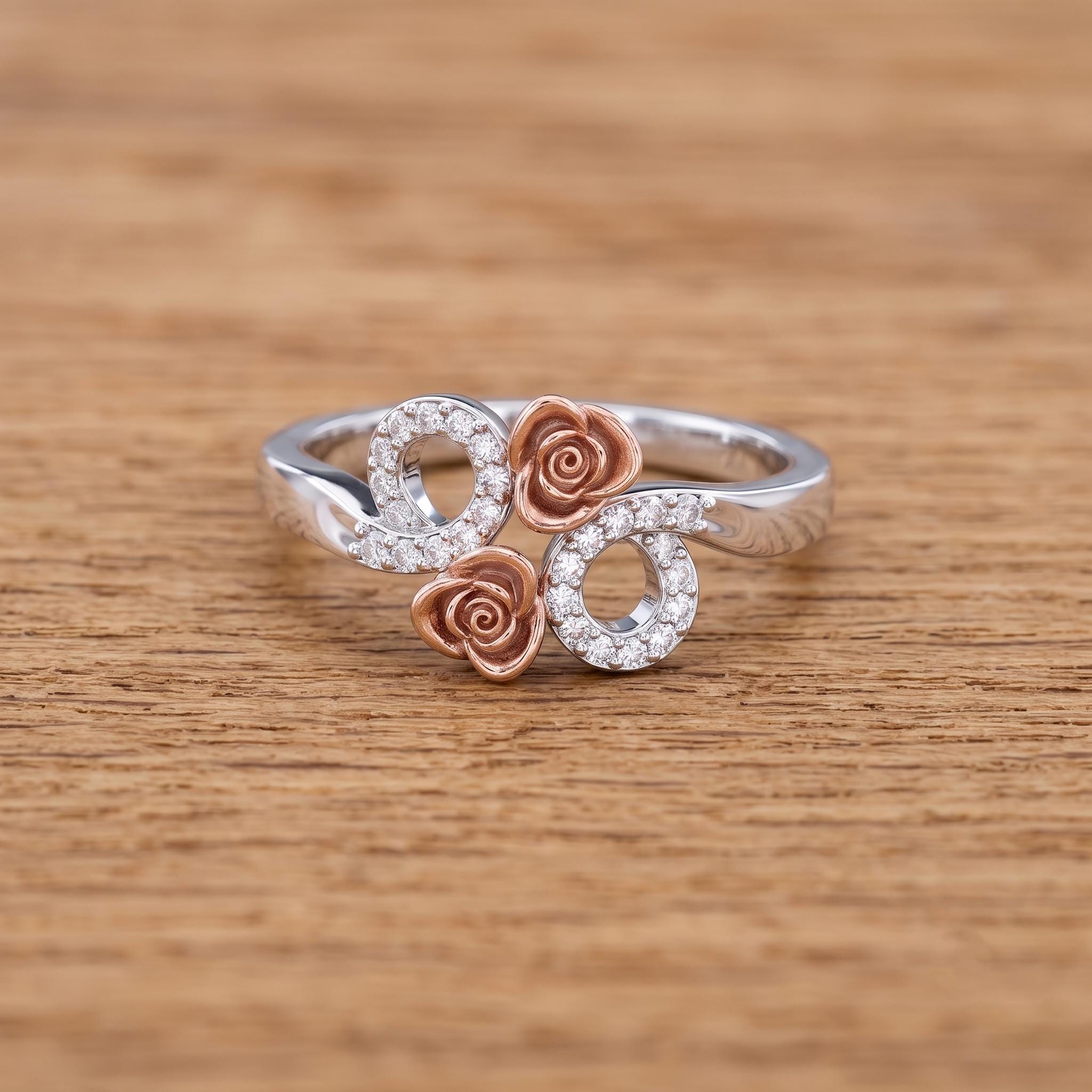 Two-Tone Sterling Silver Moissanite Rose Flower Ring, Botanical Cluster Engagement Ring