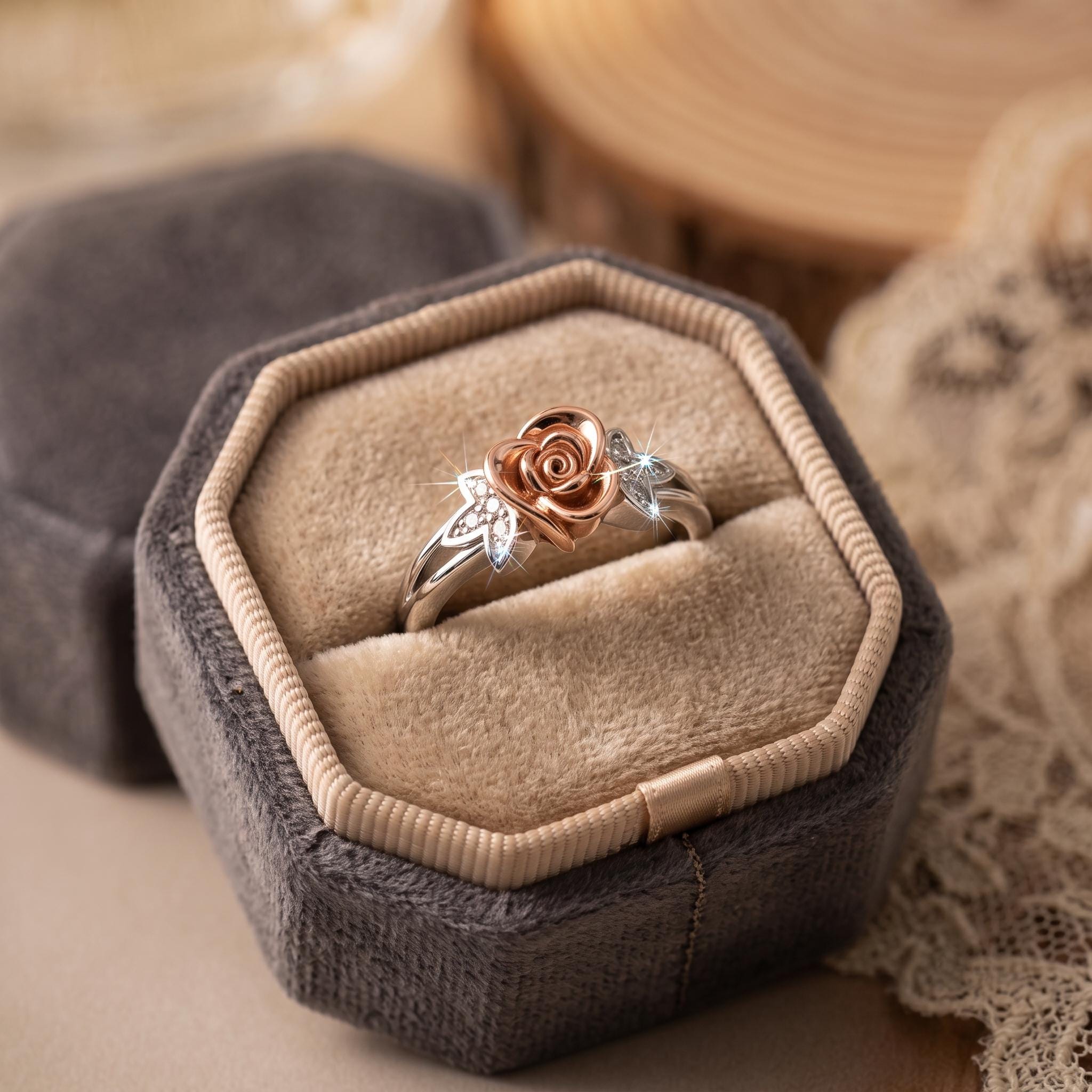 Two-Tone Sterling Silver Moissanite Flower Ring, Botanical Leaf Motif, Romantic Blossom Design