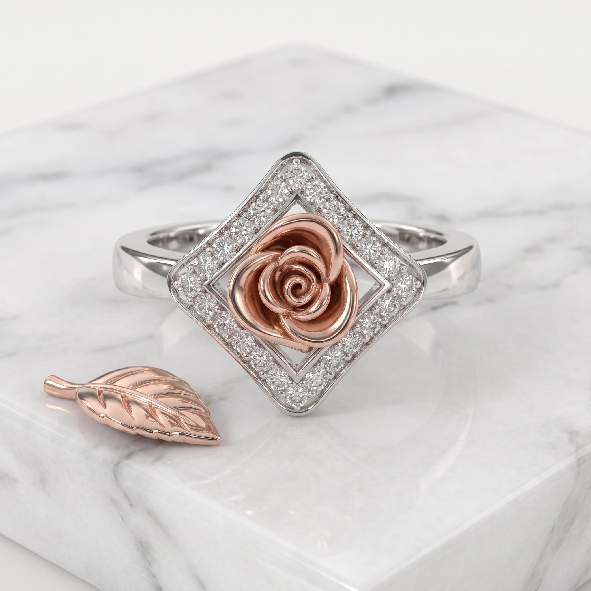 925 Sterling Silver Moissanite Rose Ring, Botanical Floral Statement Jewelry