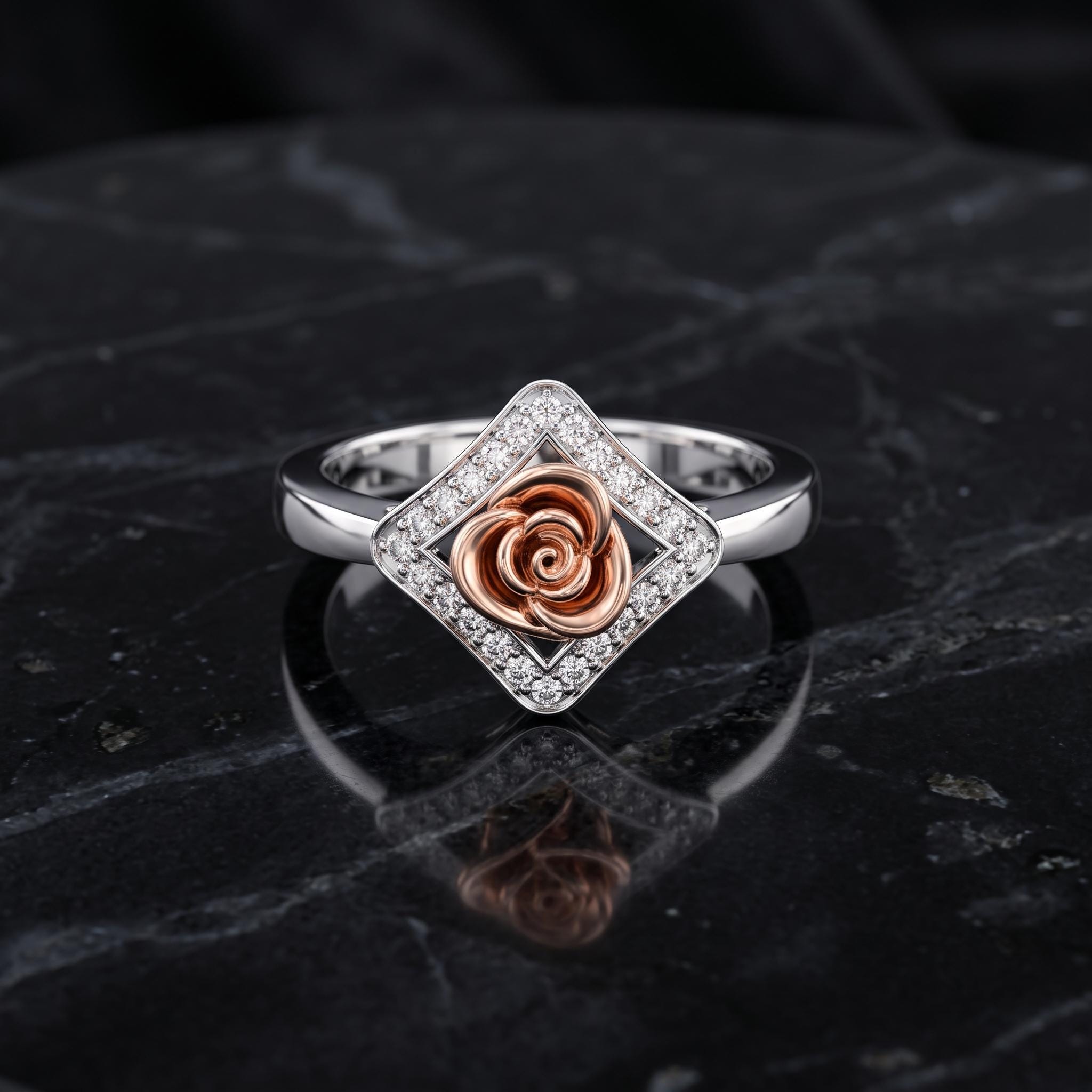925 Sterling Silver Moissanite Rose Ring, Botanical Floral Statement Jewelry