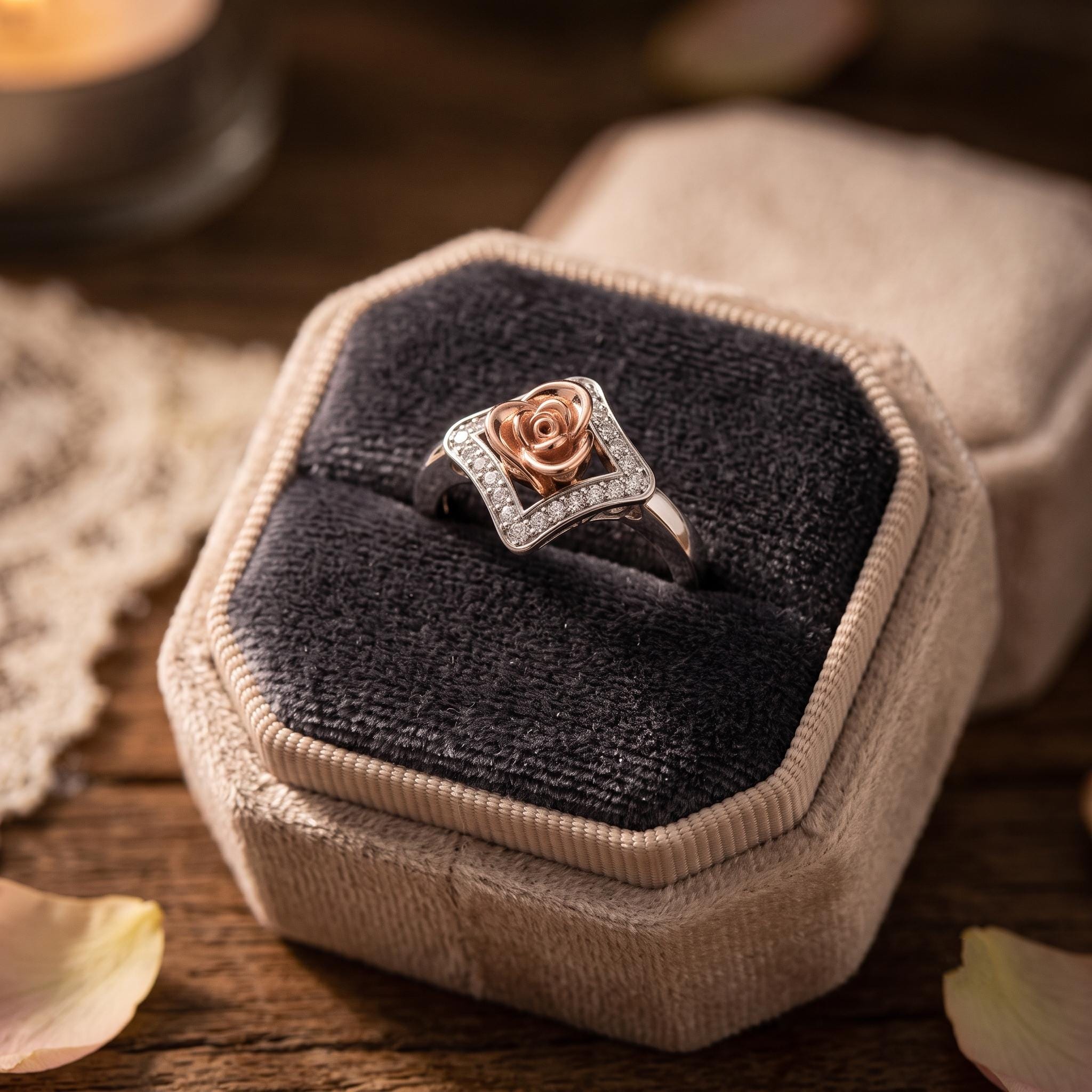 925 Sterling Silver Moissanite Rose Ring, Botanical Floral Statement Jewelry