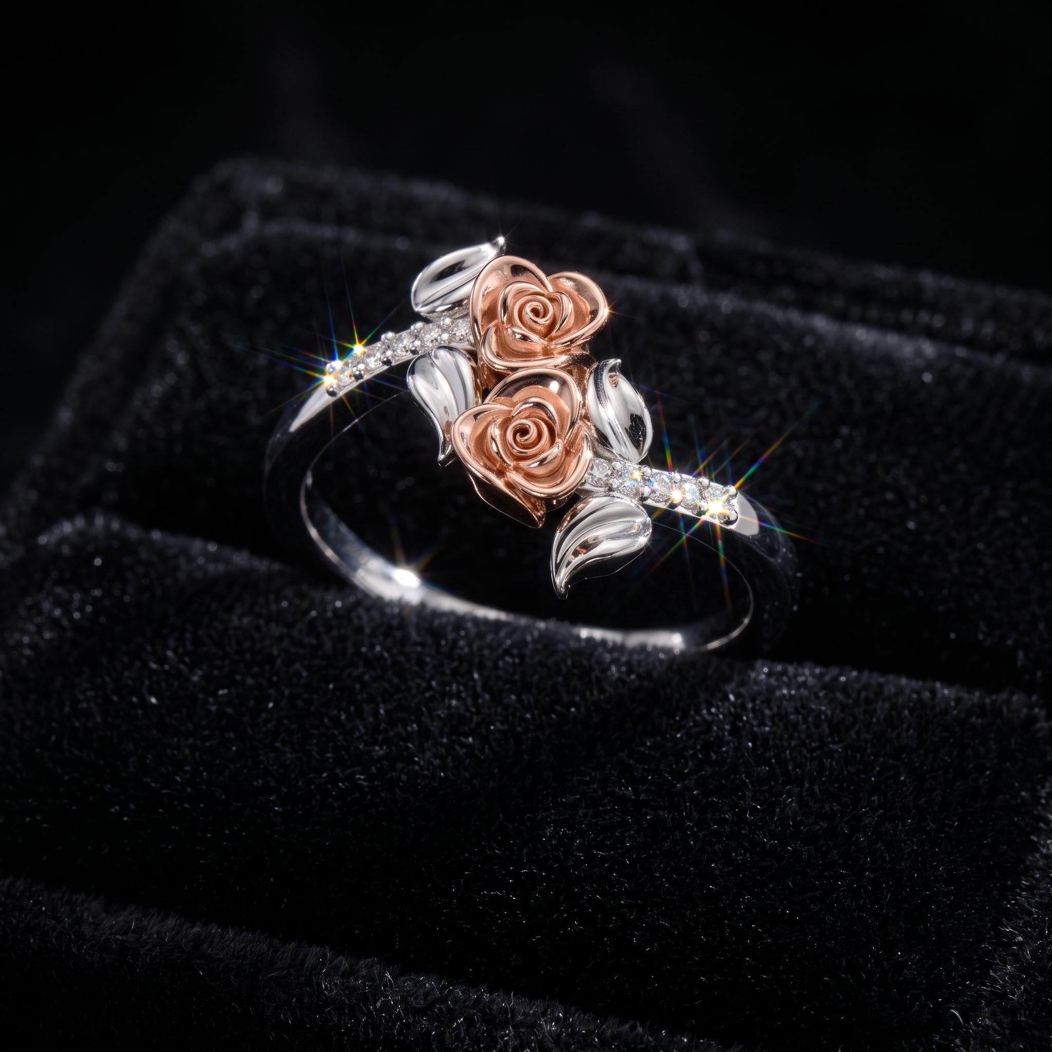 Sterling Silver Moissanite Rose Ring, Two-Tone Floral Bypass Design