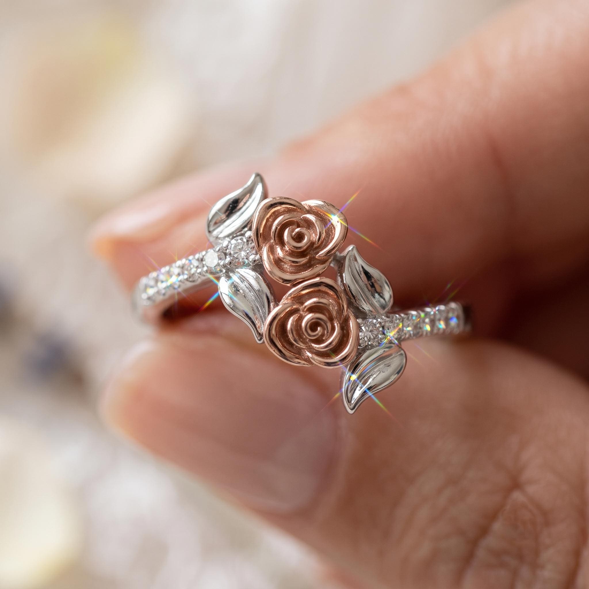 Sterling Silver Moissanite Rose Ring, Two-Tone Floral Bypass Design