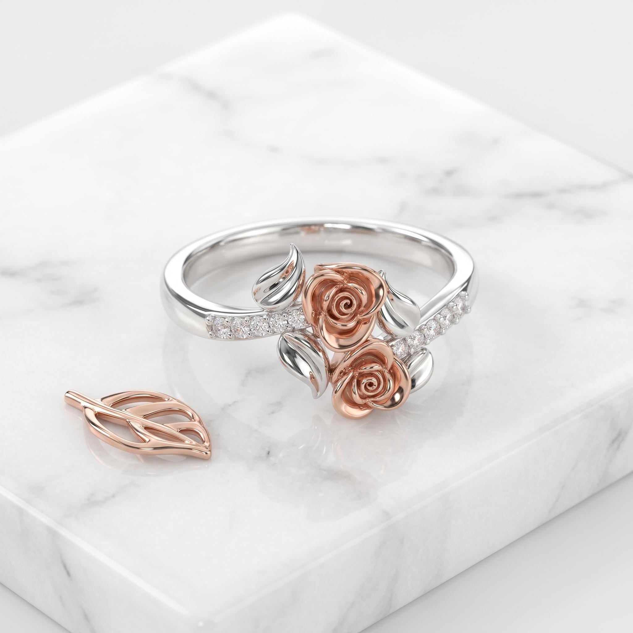 Sterling Silver Moissanite Rose Ring, Two-Tone Floral Bypass Design