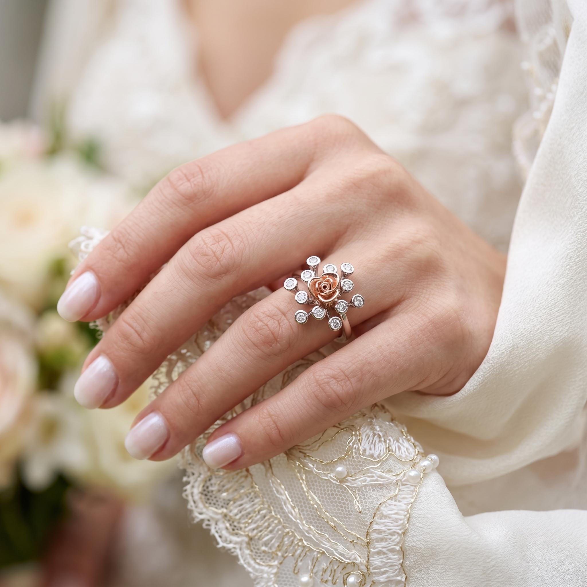 Sterling Silver Moissanite Flower Ring, Rose-Gold Tone Floral Detail, Dainty Stacking Ring
