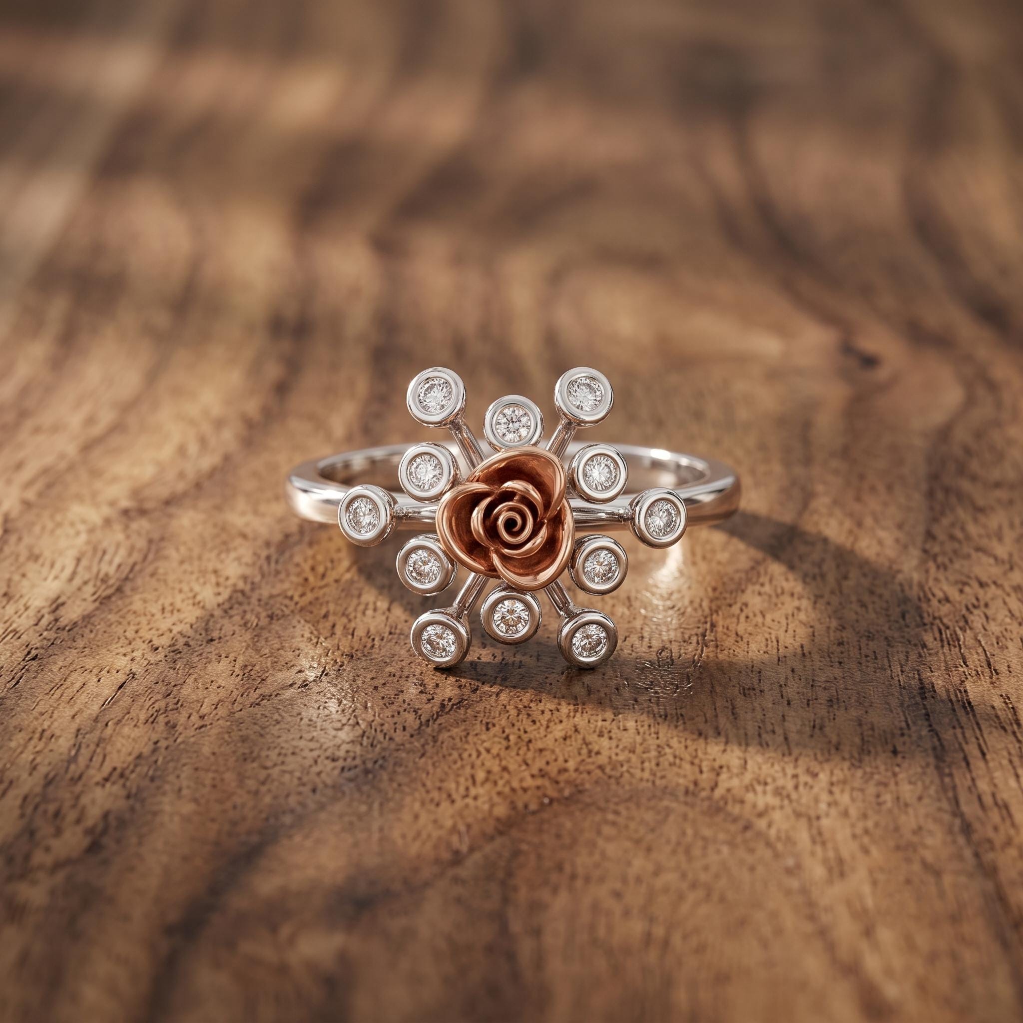 Sterling Silver Moissanite Flower Ring, Rose-Gold Tone Floral Detail, Dainty Stacking Ring
