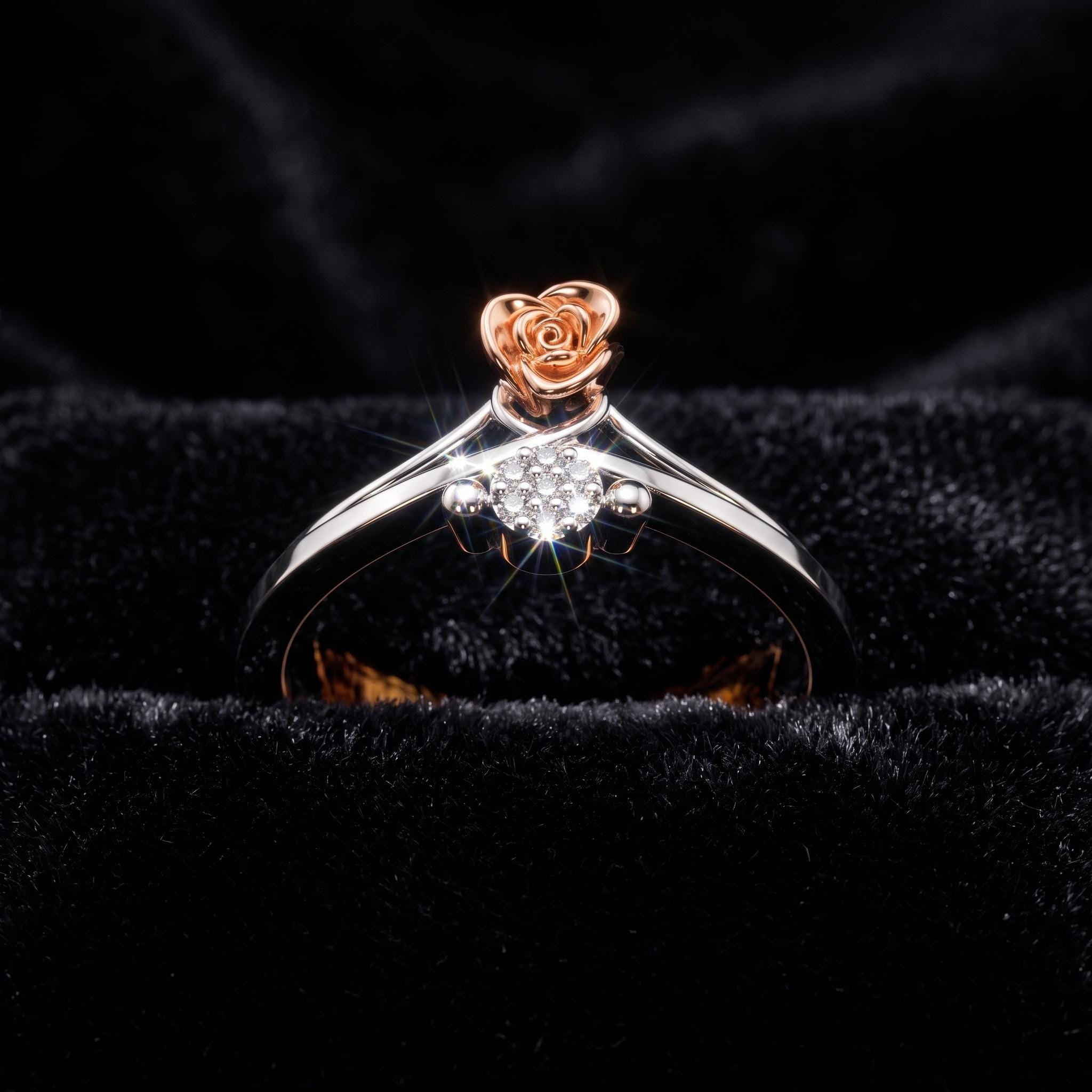 Sterling Silver Moissanite Floral Ring, Rose-Gold Tone Leaves, Everyday Wear