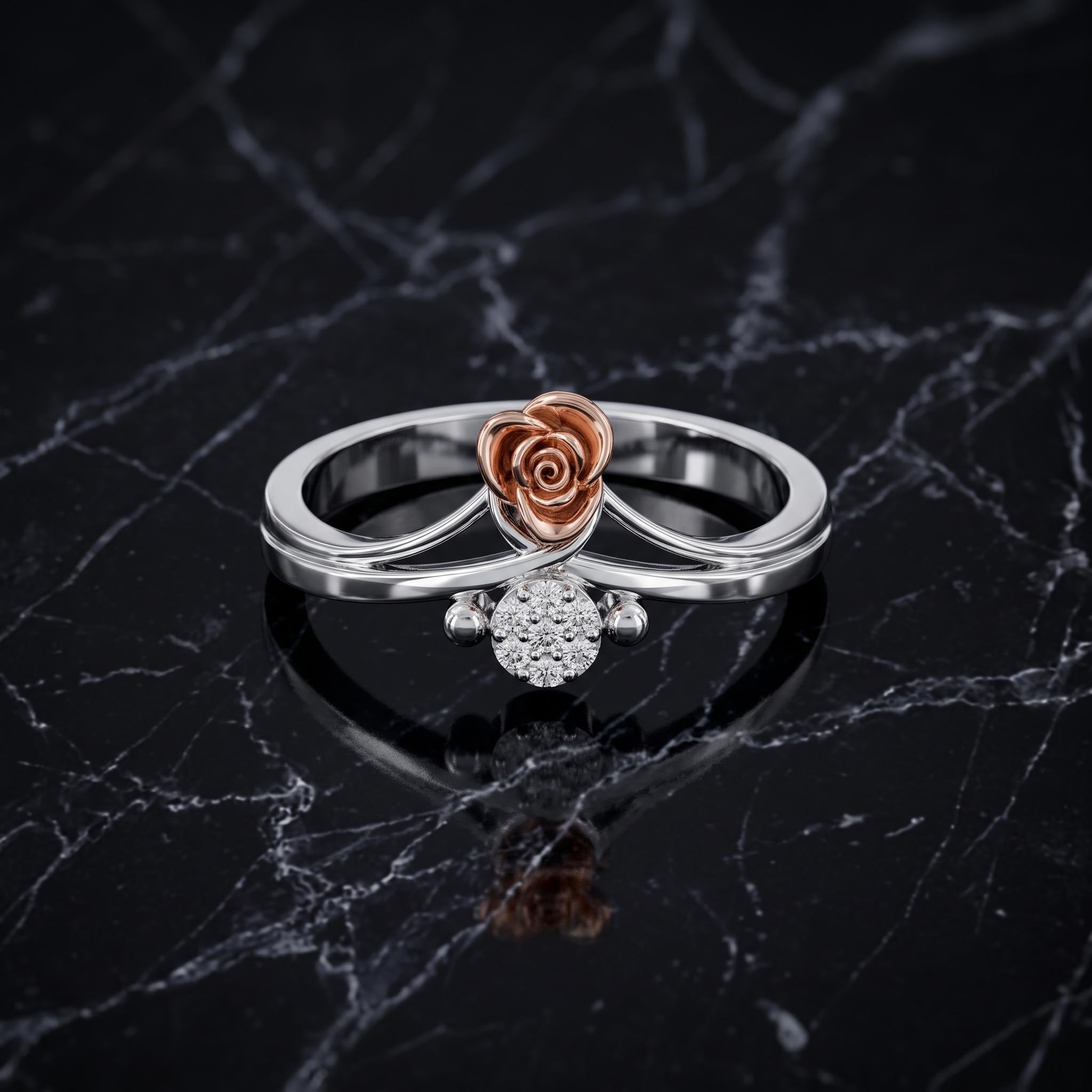 Sterling Silver Moissanite Floral Ring, Rose-Gold Tone Leaves, Everyday Wear
