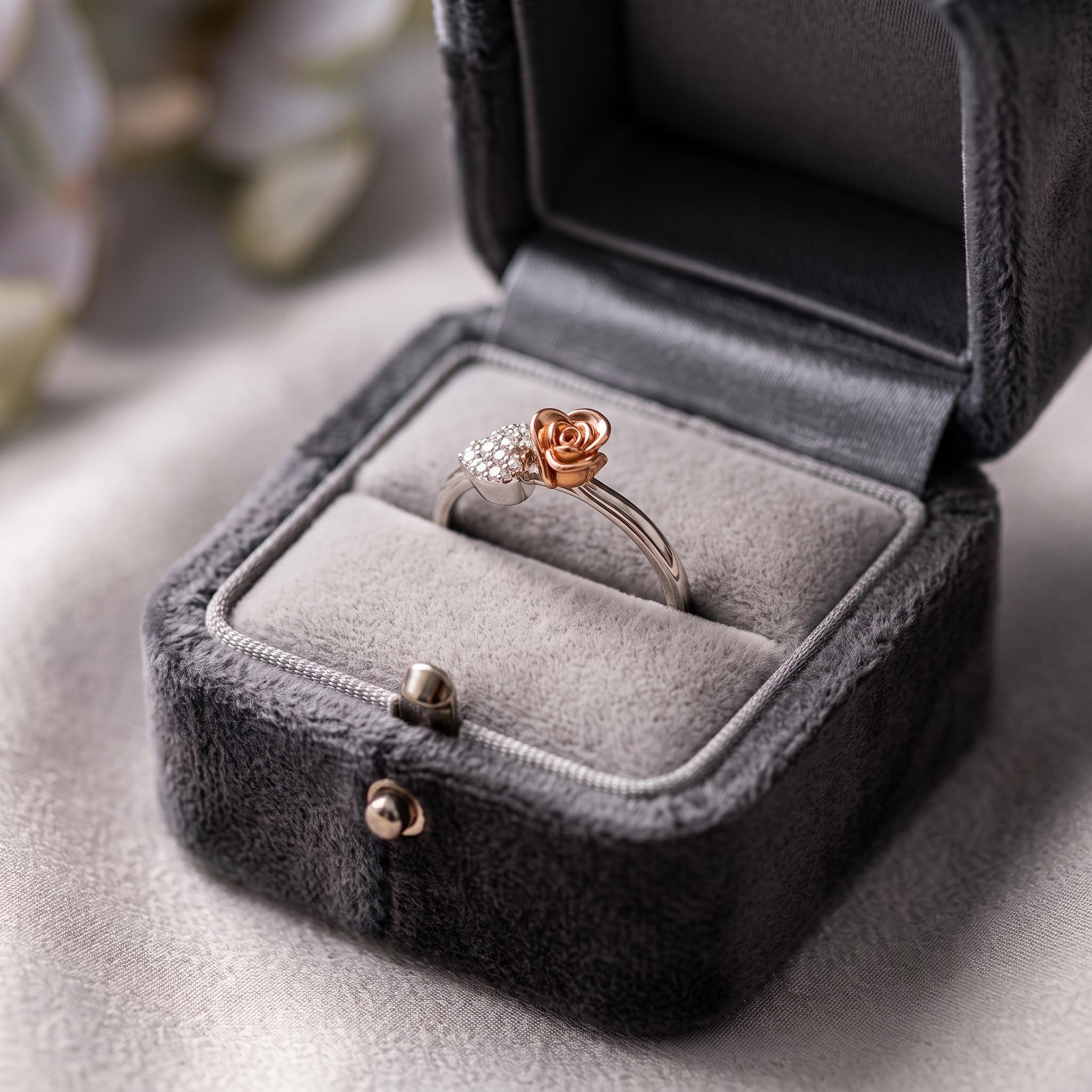 Sterling Silver Moissanite Rose Ring, Two-Tone Floral Cocktail Jewelry