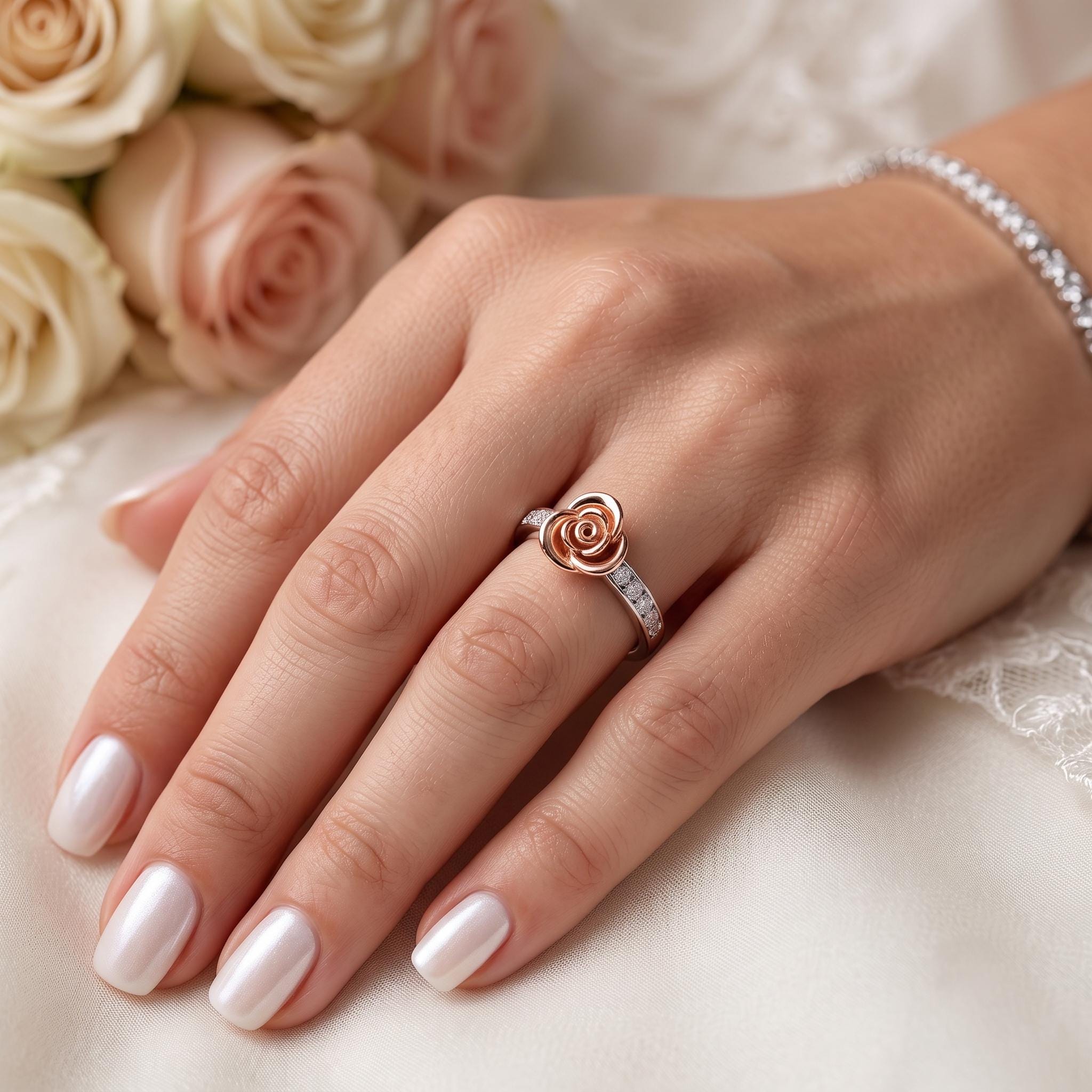 Sterling Silver Rose Gold Moissanite Flower Ring, Floral Cocktail Jewelry