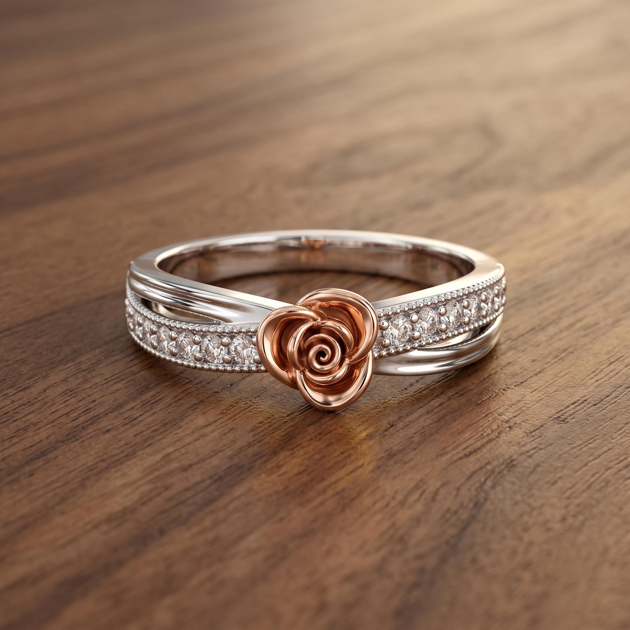 Sterling Silver Moissanite Rose Flower Ring, Two-Tone Floral Design, Dainty Bridal Jewelry