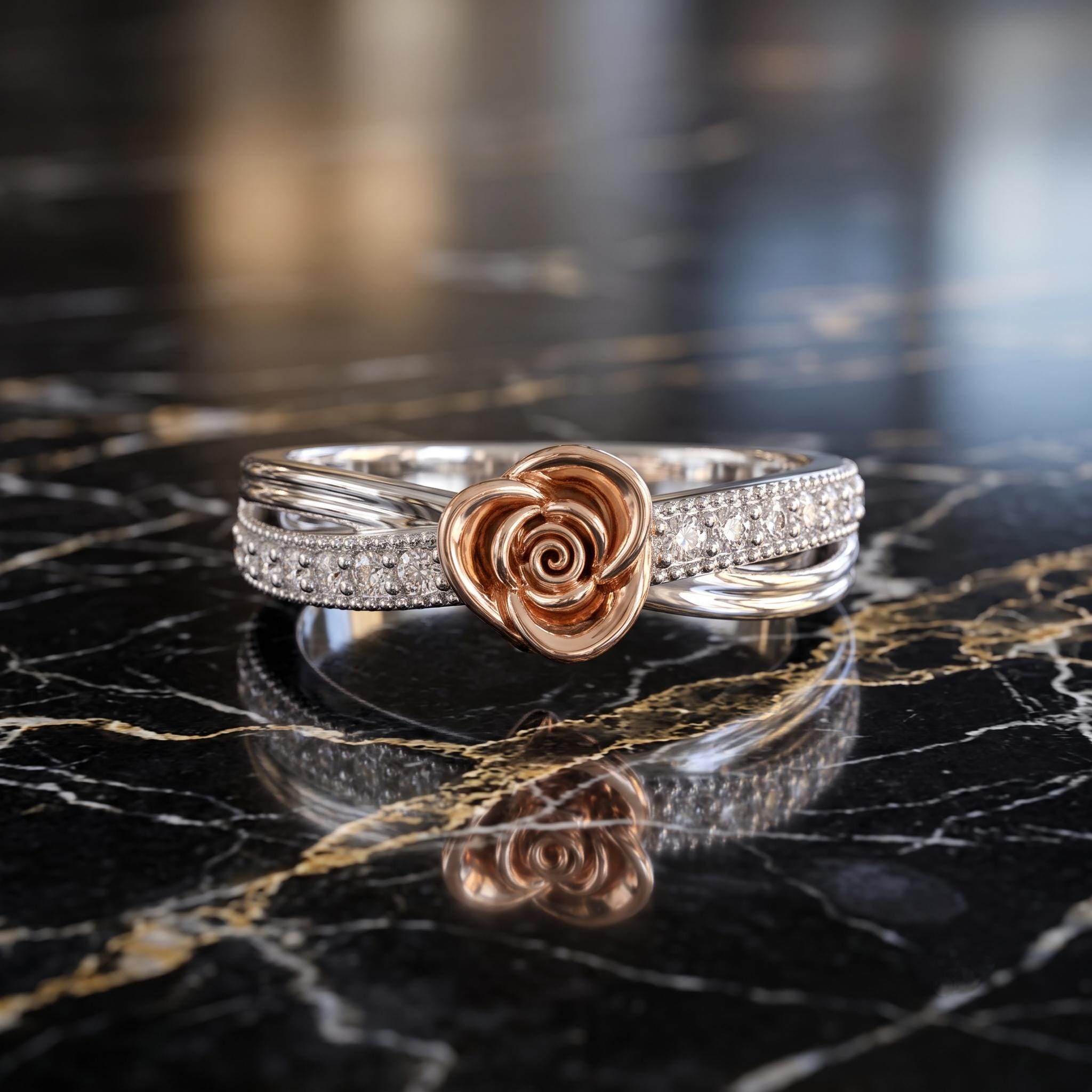Sterling Silver Moissanite Rose Flower Ring, Two-Tone Floral Design, Dainty Bridal Jewelry