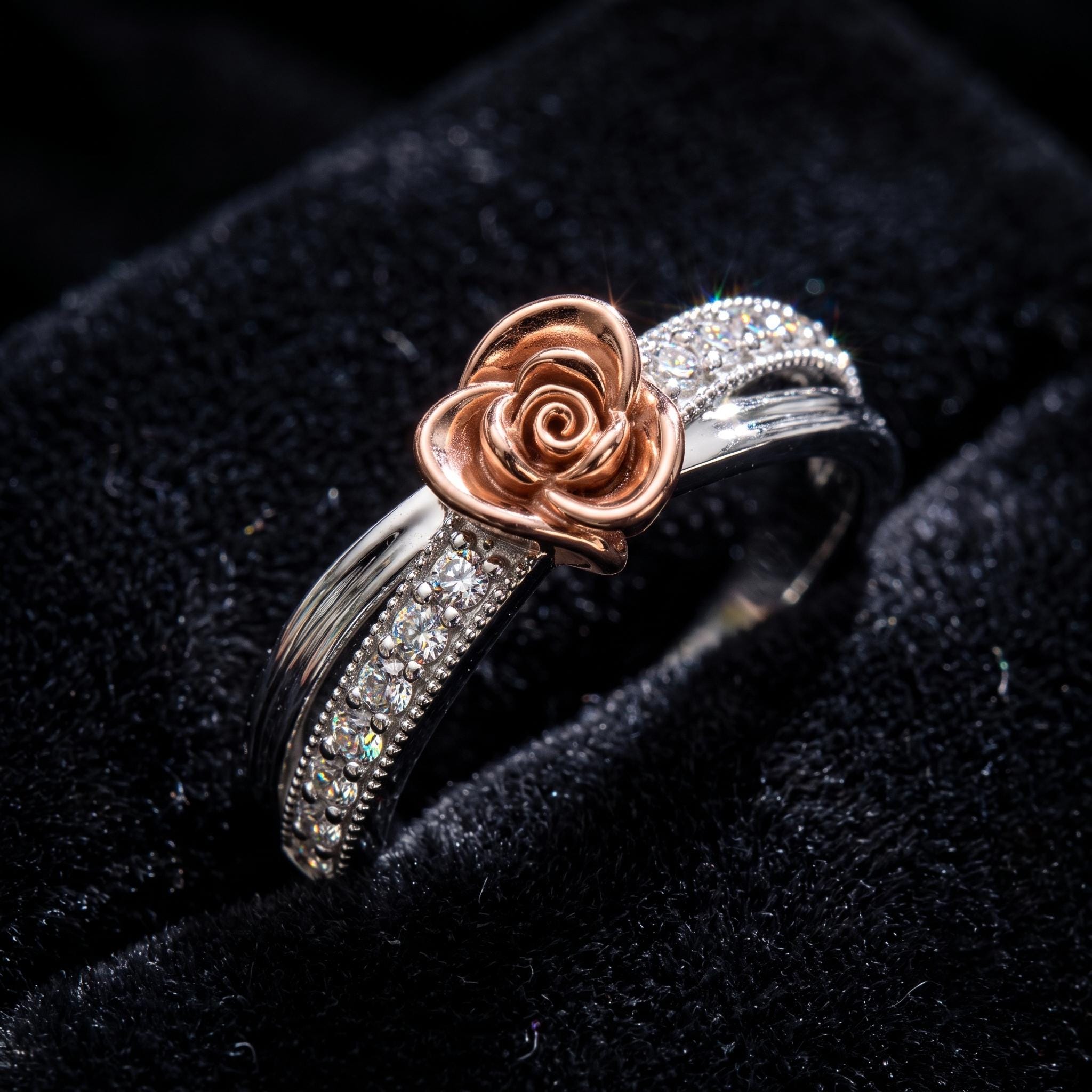 Sterling Silver Moissanite Rose Flower Ring, Two-Tone Floral Design, Dainty Bridal Jewelry