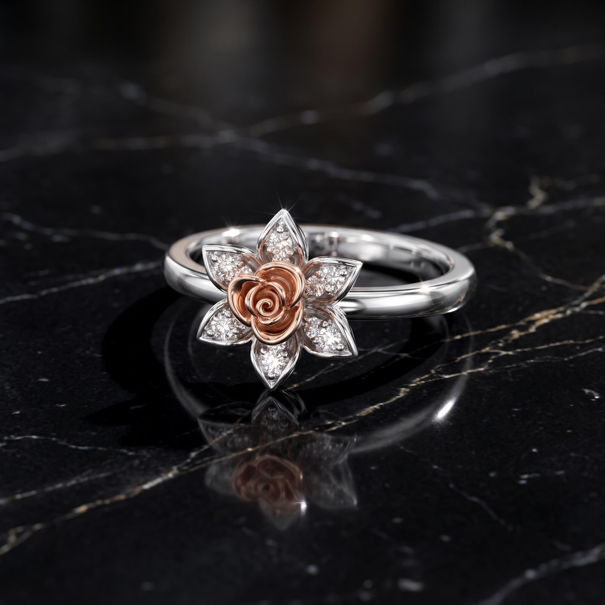 Sterling Silver Moissanite Lotus Rose Flower Ring, Botanical Cocktail Jewelry
