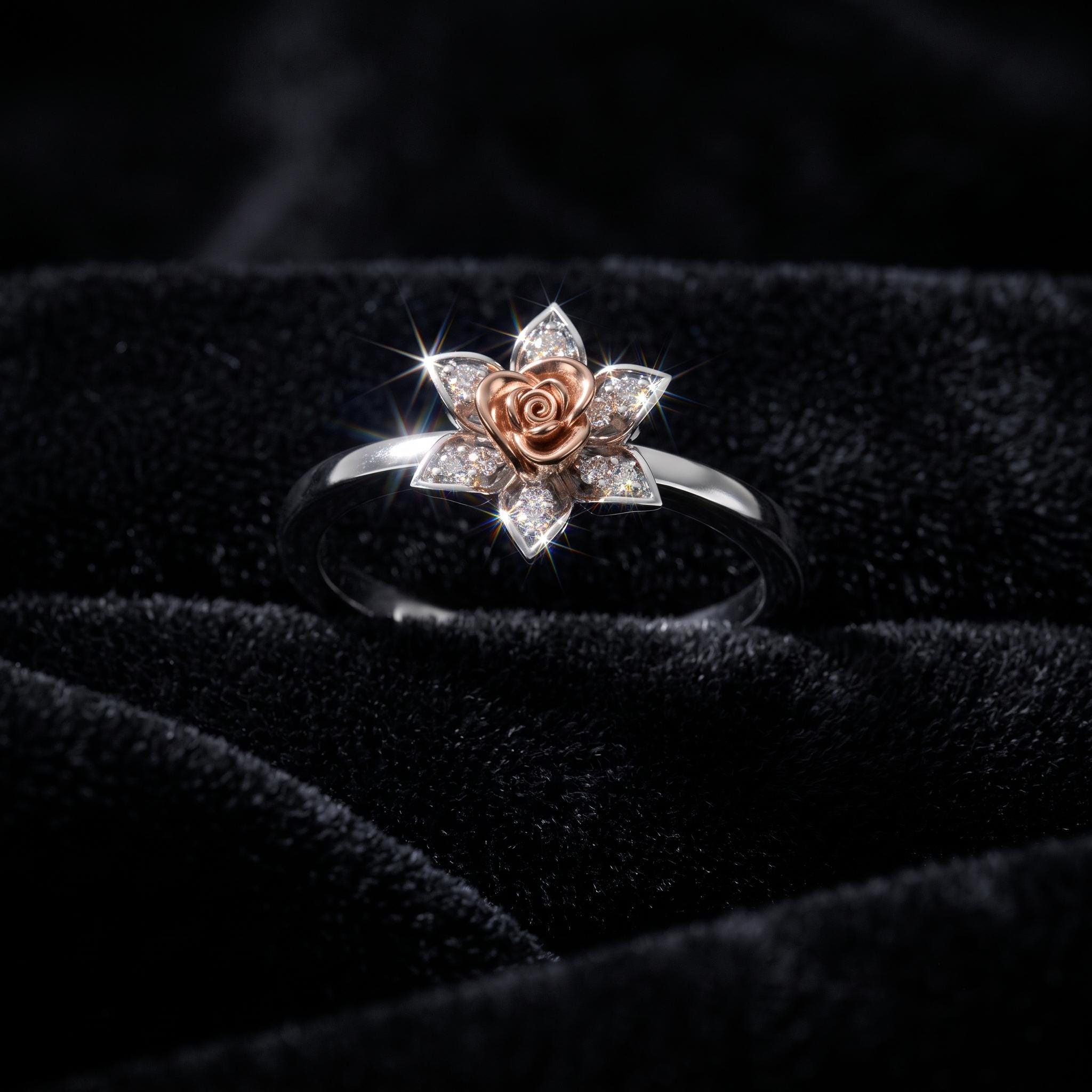 Sterling Silver Moissanite Lotus Rose Flower Ring, Botanical Cocktail Jewelry