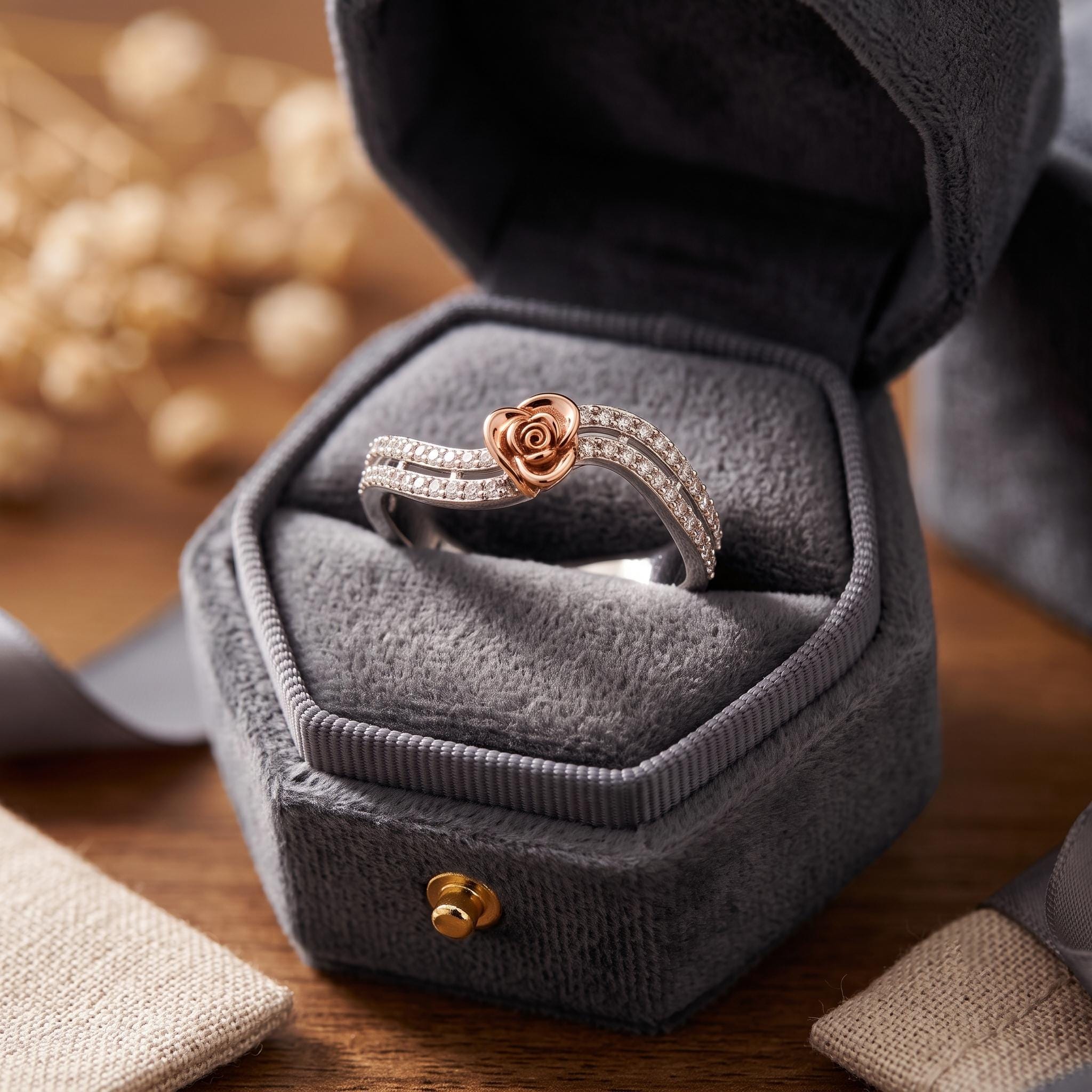 Sterling Silver Moissanite Rose Flower Ring, Double Row Wave Band, Botanical Statement Jewelry
