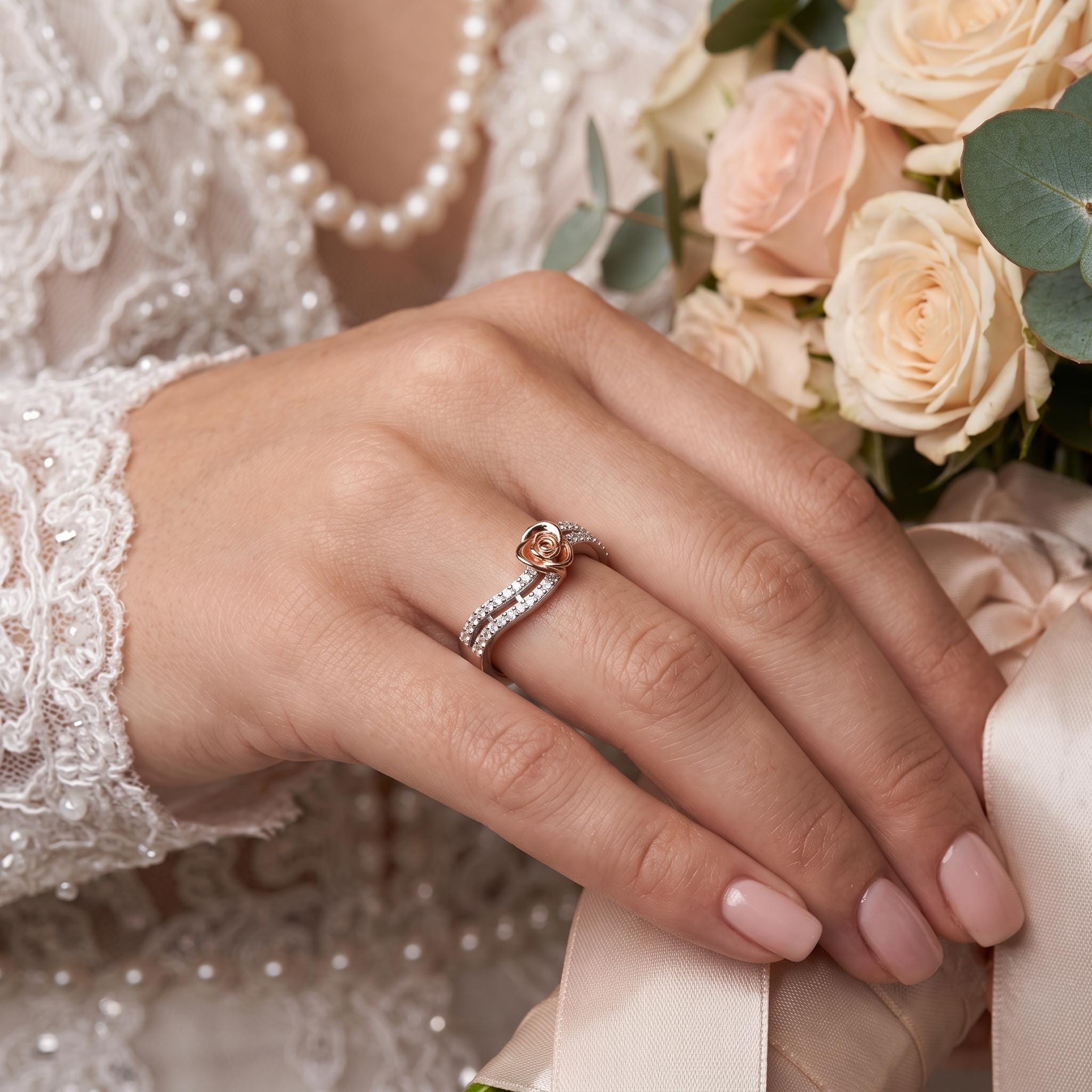 Sterling Silver Moissanite Rose Flower Ring, Double Row Wave Band, Botanical Statement Jewelry