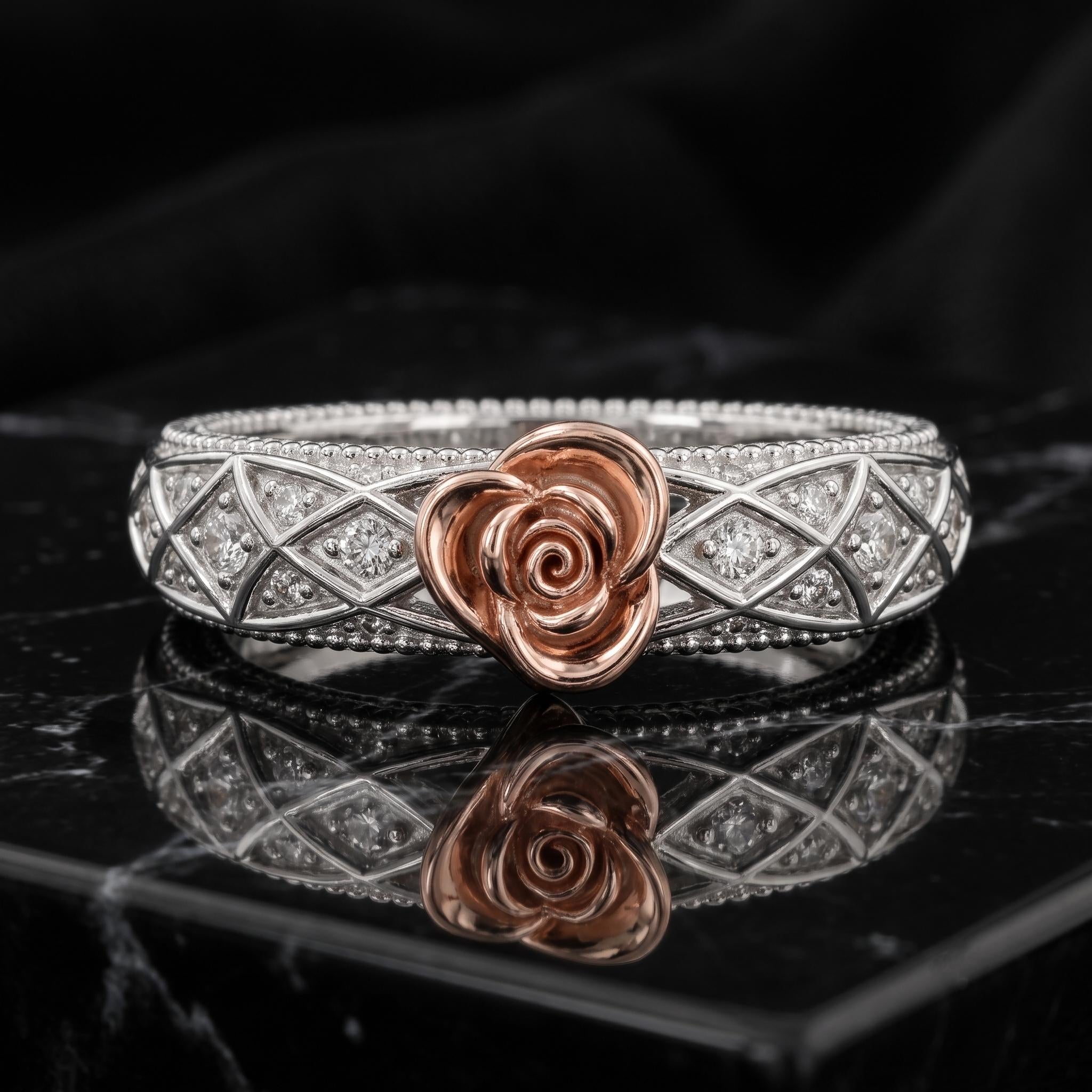 Sterling Silver Moissanite Rose Ring, Floral Milgrain Design, Bridal Jewelry