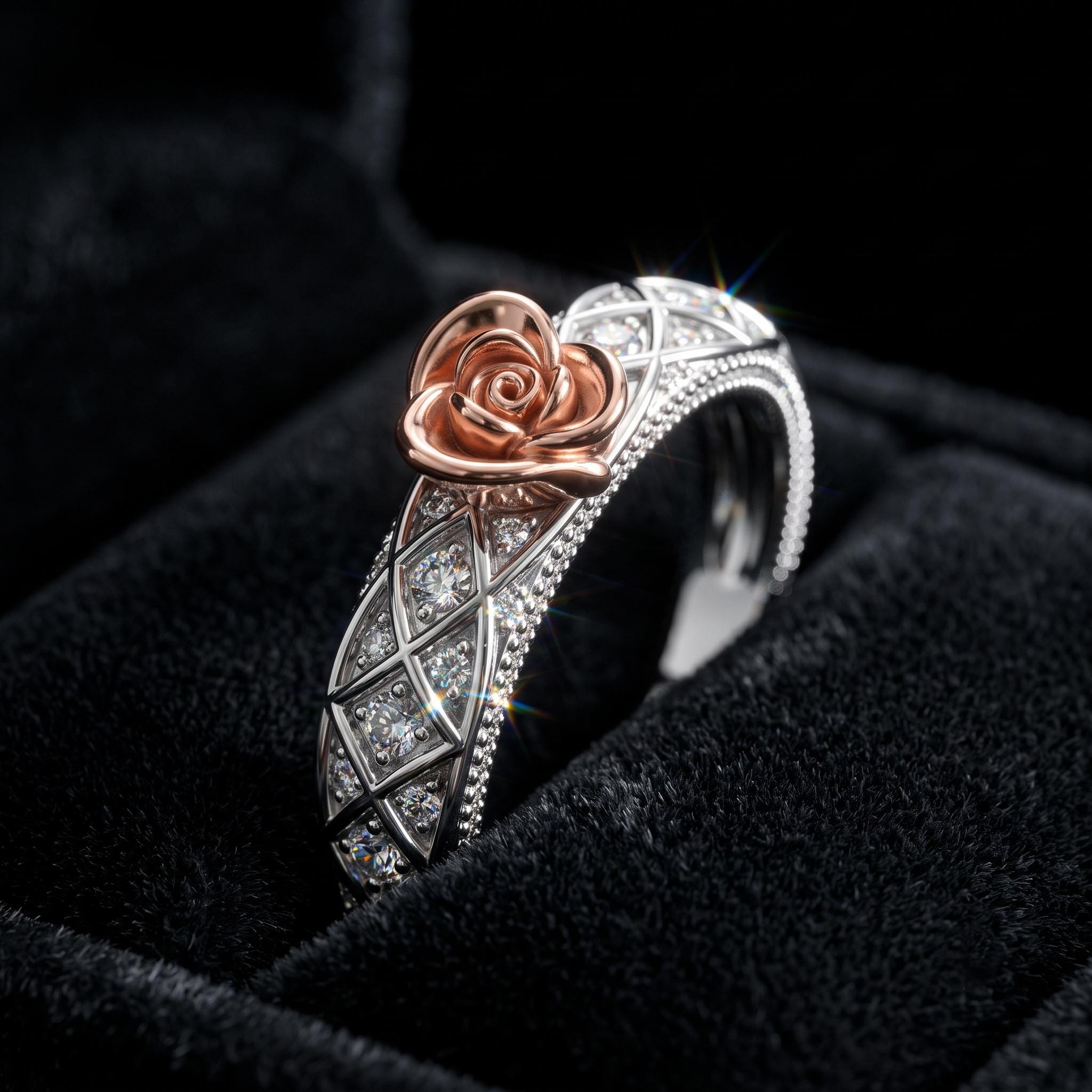 Sterling Silver Moissanite Rose Ring, Floral Milgrain Design, Bridal Jewelry