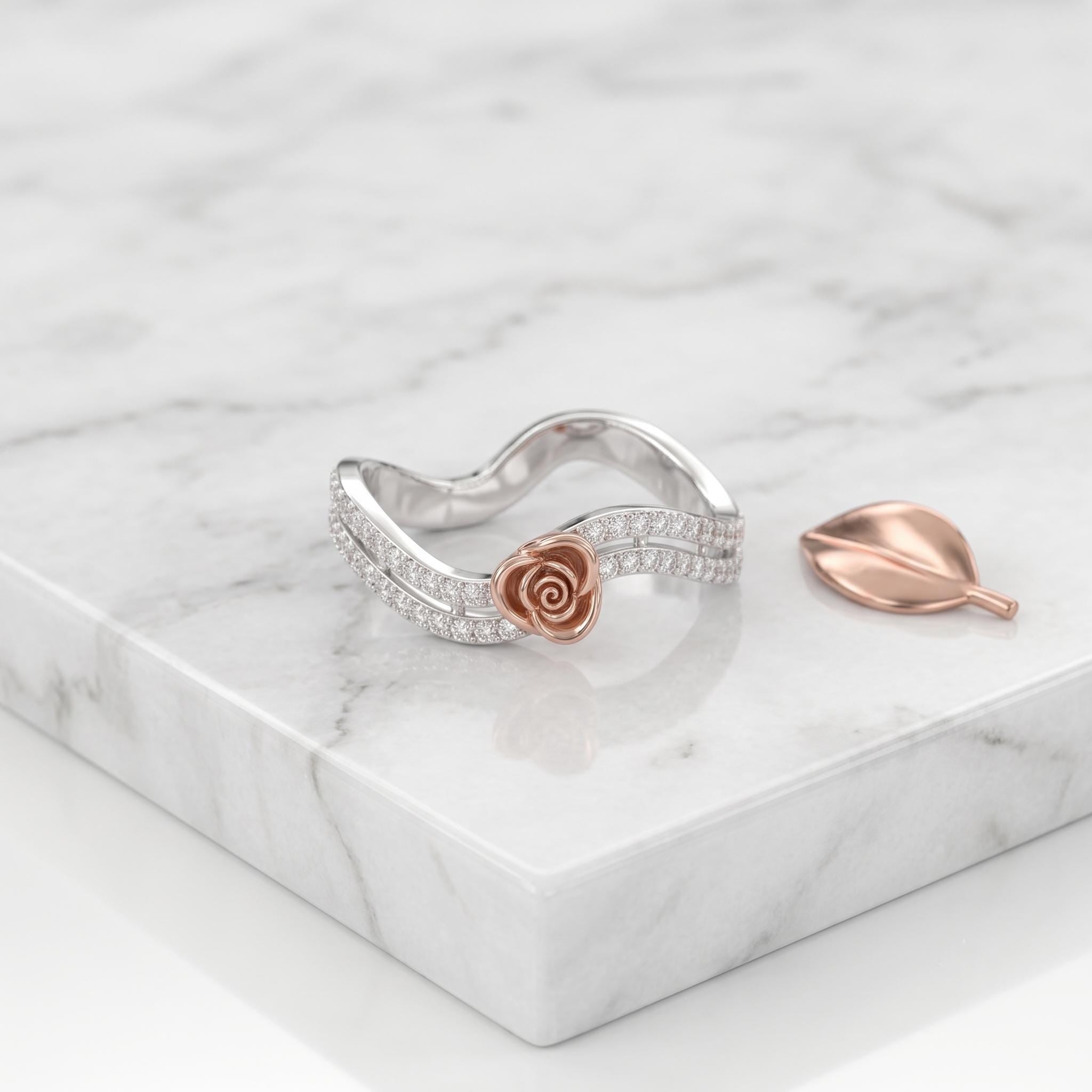 Sterling Silver Moissanite Rose Flower Ring, Double Row Wave Band, Botanical Statement Jewelry