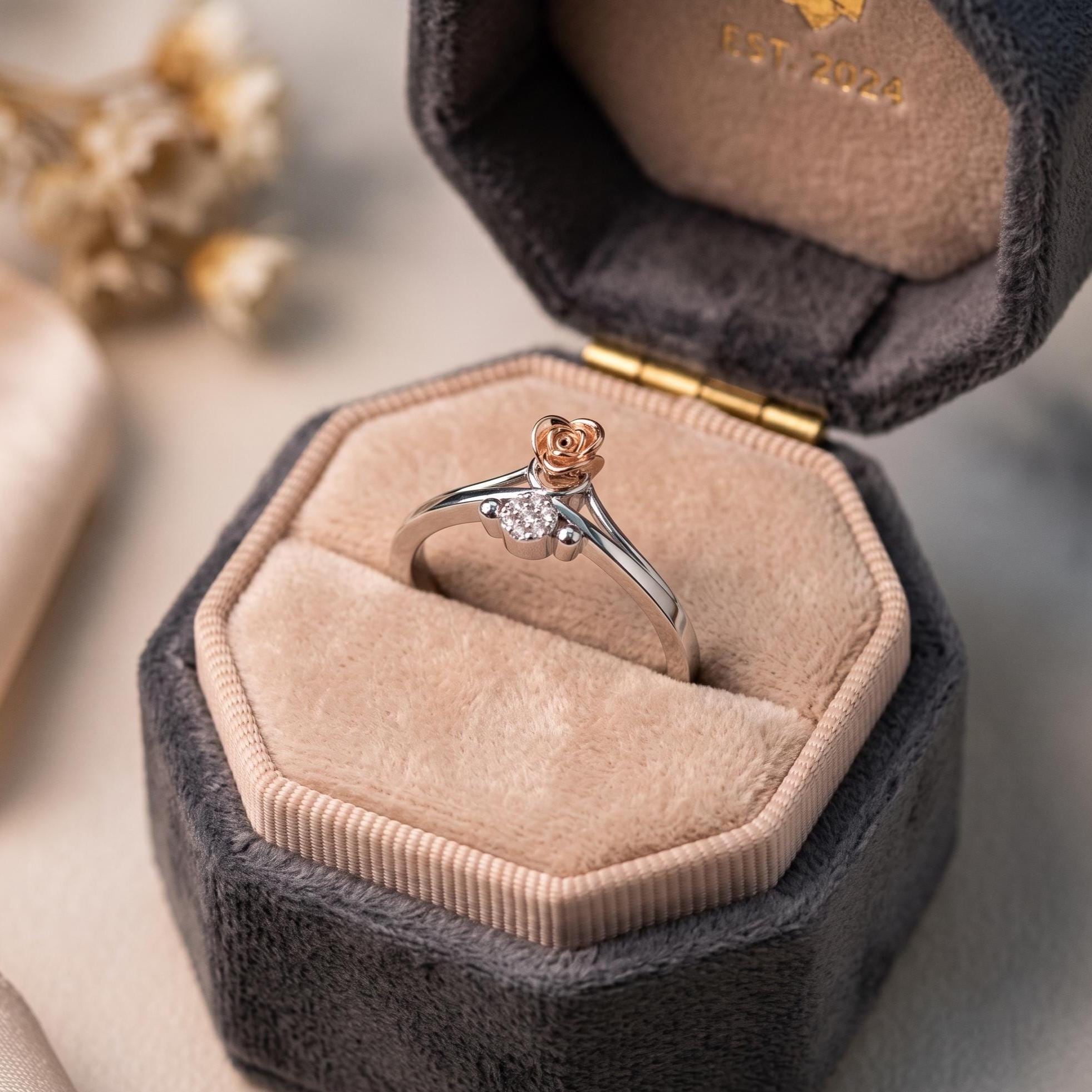 Sterling Silver Moissanite Floral Ring, Rose-Gold Tone Leaves, Everyday Wear