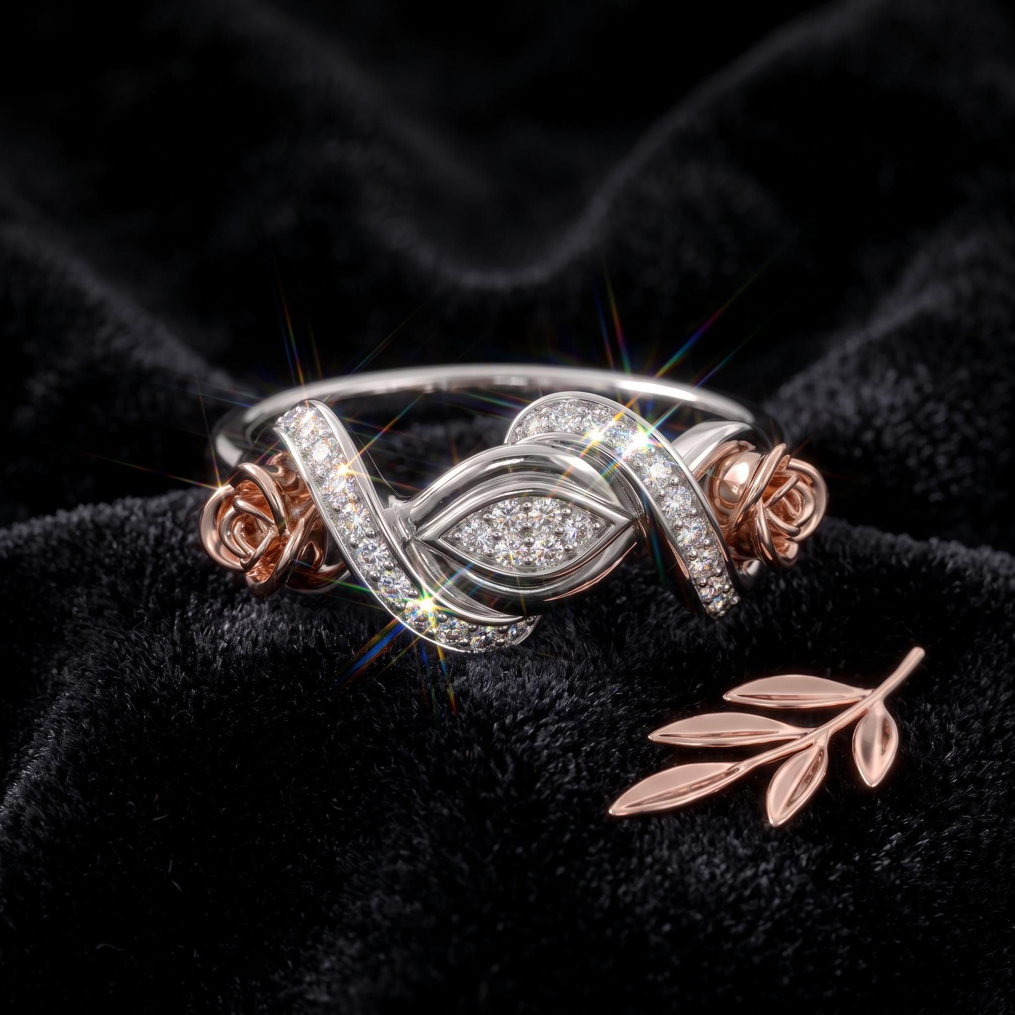 Sterling Silver Moissanite Floral Ring, Two-Tone Rose Gold Swirl Design