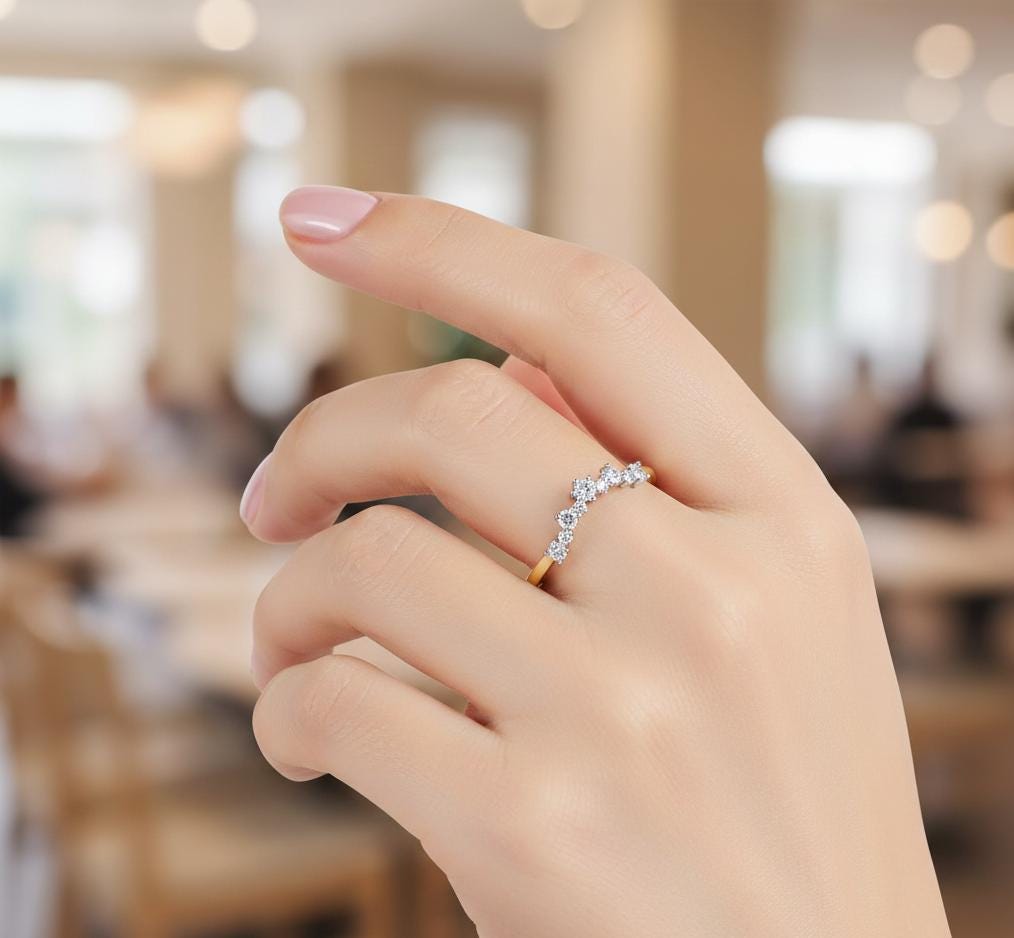 Moissanite Chevron Wedding Band, Sterling Silver Anniversary Ring