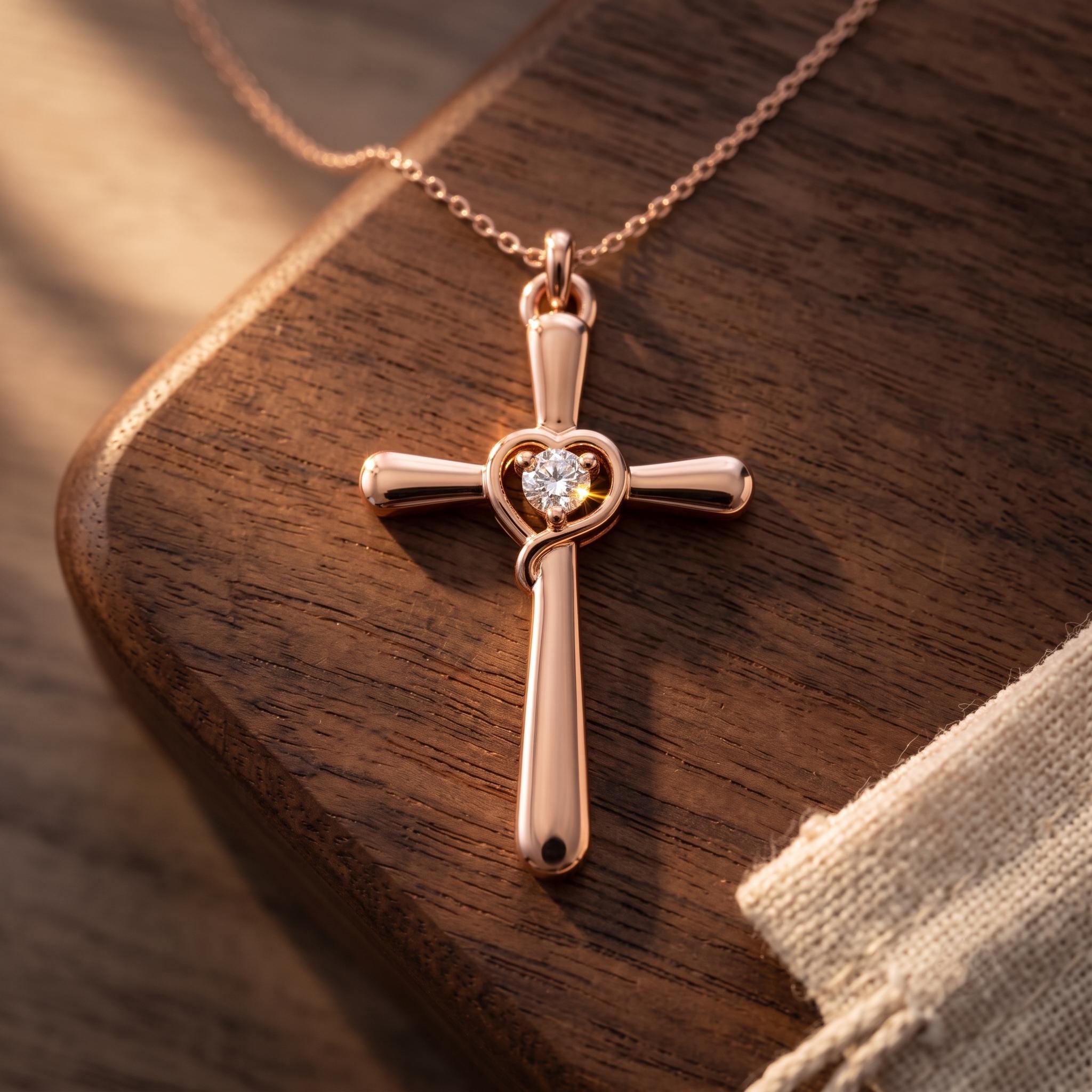 Moissanite Heart Cross Necklace, 925 Sterling Silver, Rose Gold Finish, Faith Jewelry