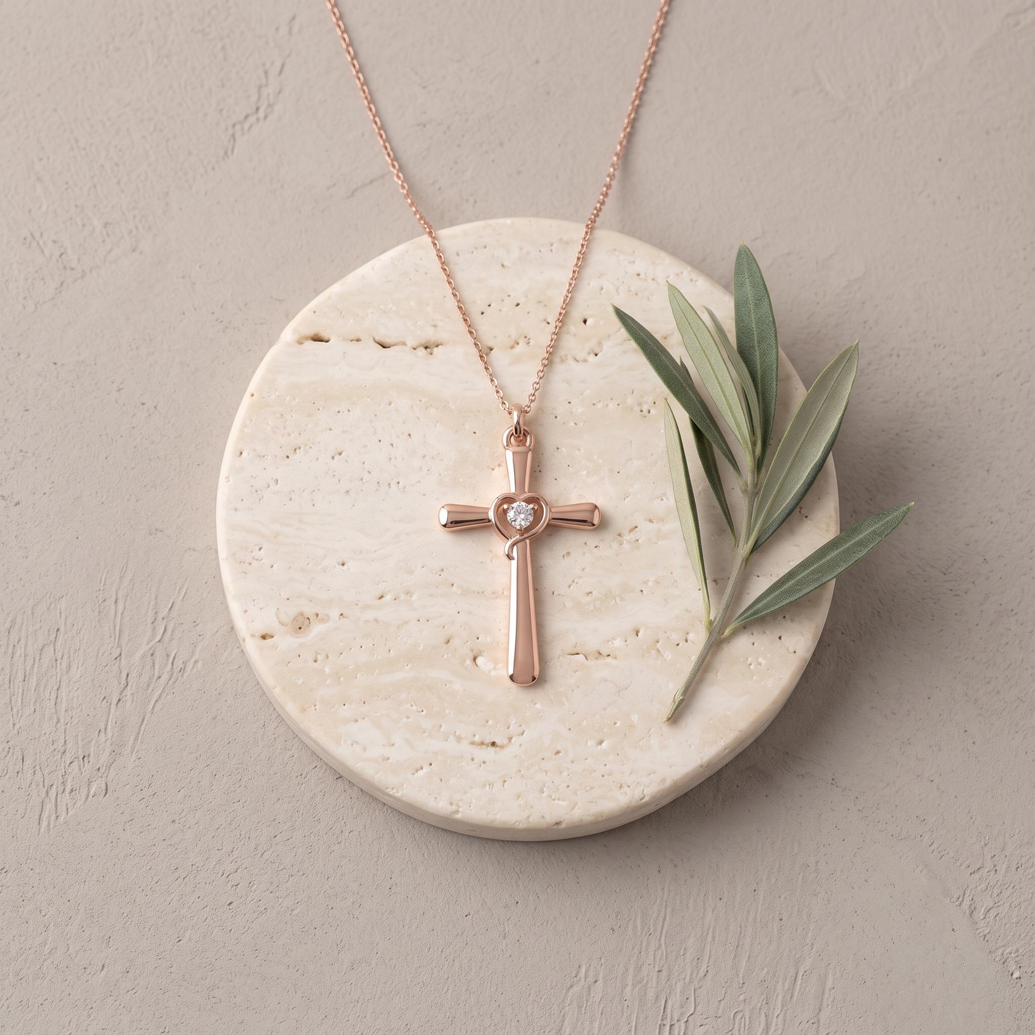 Moissanite Heart Cross Necklace, 925 Sterling Silver, Rose Gold Finish, Faith Jewelry